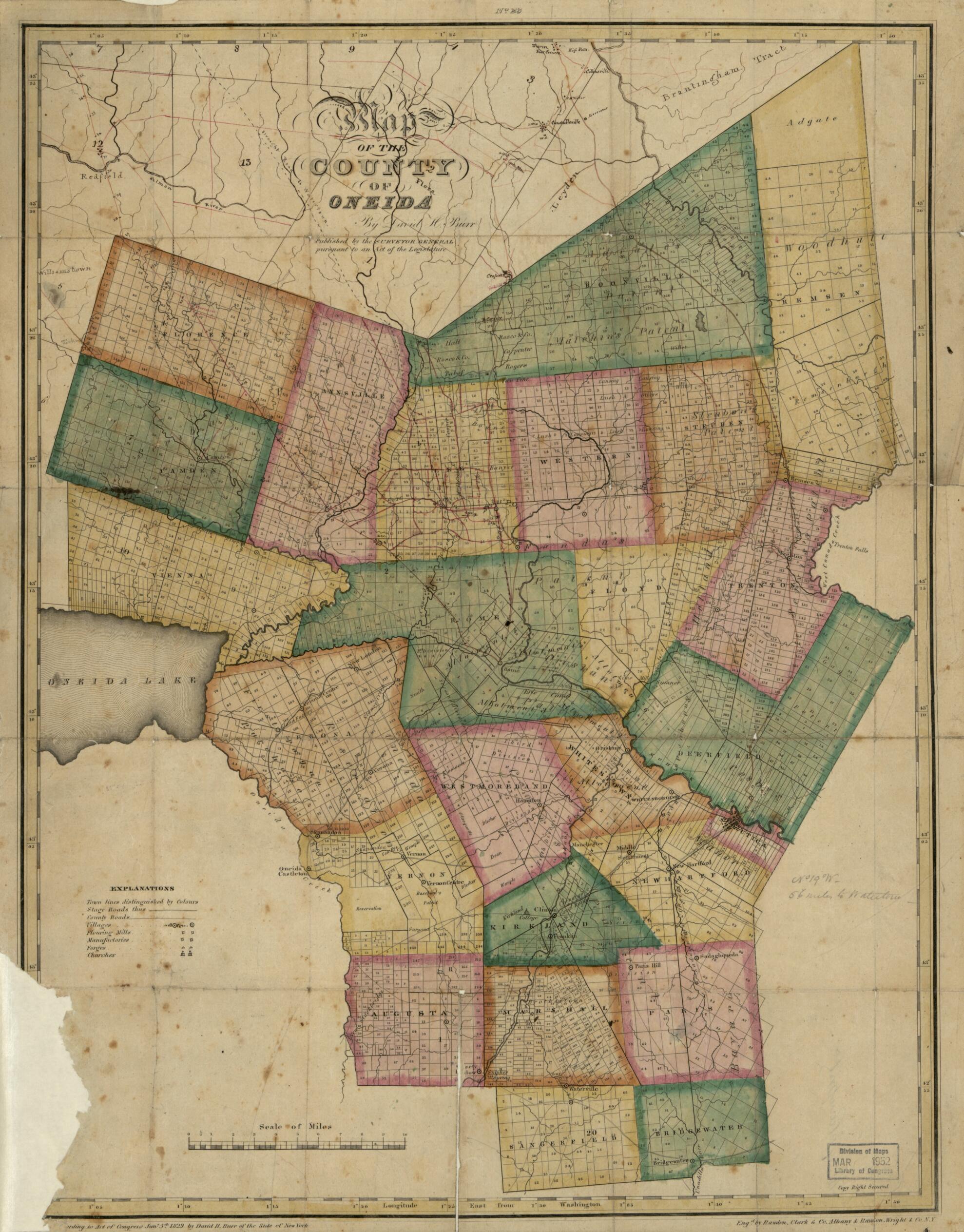 This old map of Map of the County of Oneida from 1829 was created by David H. Burr, New York (State). Surveyor General, Clark & Co Rawdon, Wright & Co Rawdon in 1829