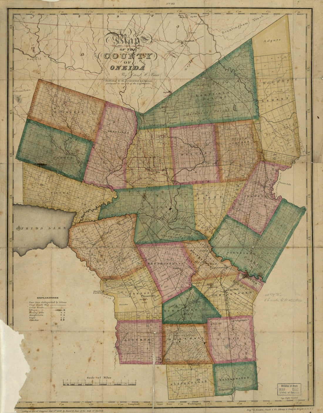 This old map of Map of the County of Oneida from 1829 was created by David H. Burr, New York (State). Surveyor General, Clark & Co Rawdon, Wright & Co Rawdon in 1829