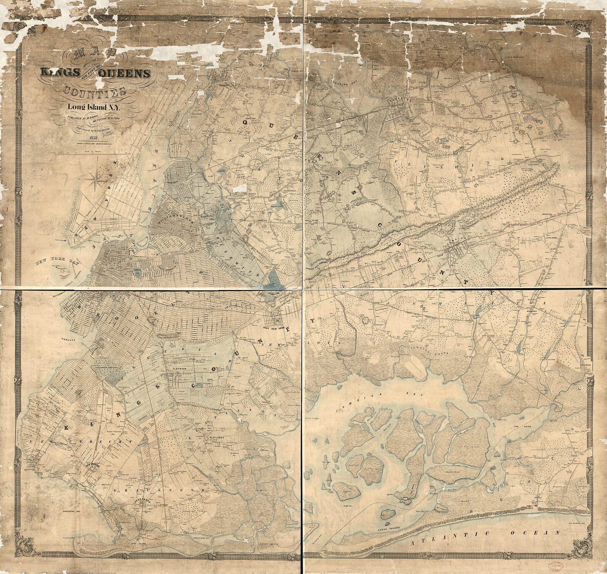 This old map of Map of Kings and Part of Queens Counties, Long Island New York from 1852 was created by R. F. O. Conner, M. (Matthew) Dripps, Korff Brothers in 1852