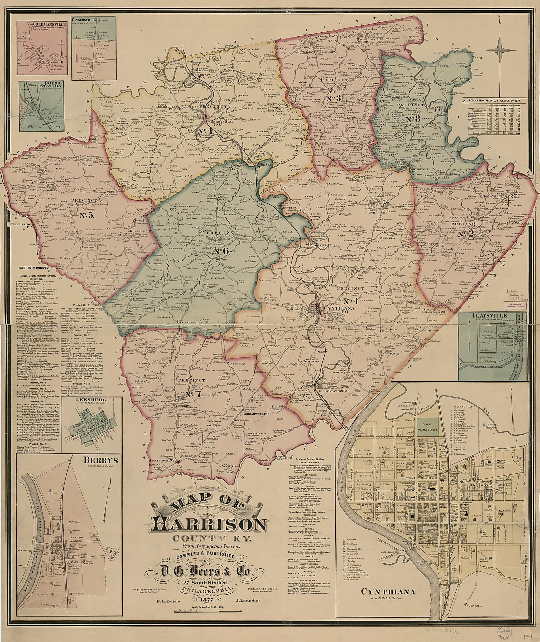 This old map of Map of Harrison County, Ky. : from New & Actual Surveys (Map of Harrison County, Kentucky, Harrison County, Ky) from 1877 was created by D. G. (Daniel G.) Beers, D.G. Beers & Co, H.J. Toudy & Co, J. Lanagan, Worley & Bracher in 1877
