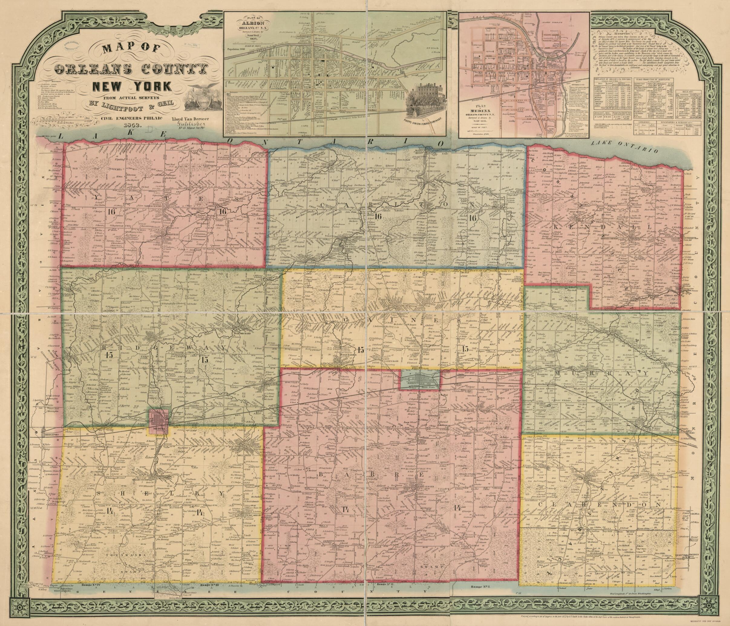 This old map of Map of Orleans County, New York : from Actual Surveys from 1852 was created by Samuel Geil, Jesse Lightfoot, Lloyd Van Derveer in 1852