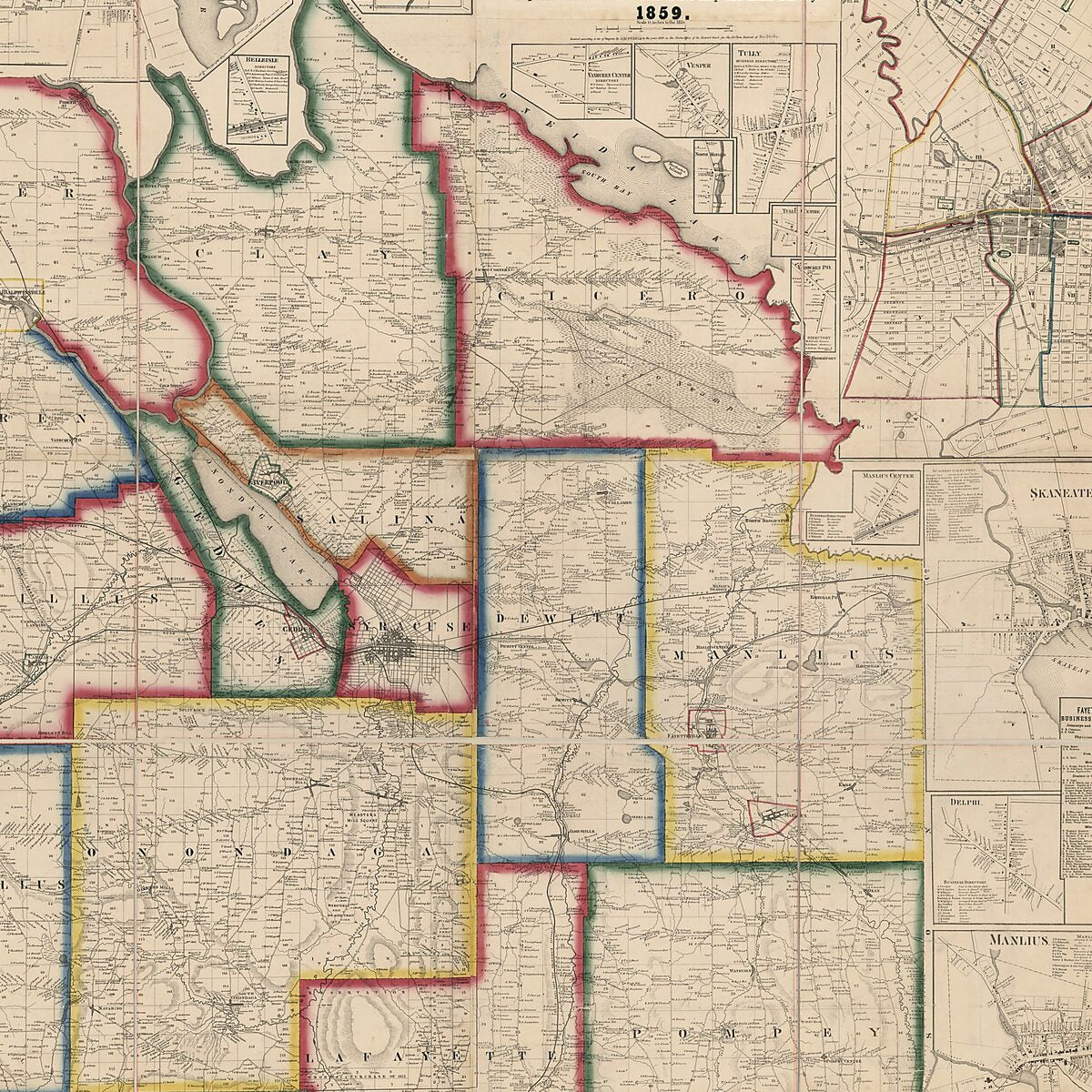 This old map of Map of Onondaga County, New York : Showing Military Townships and Their Names, Lot Lines, Numbers, and Dimensions, With Names of First Proprietors.. Location of Farm Houses and Names of Owners, and Separate Plans of the City of Syracuse a