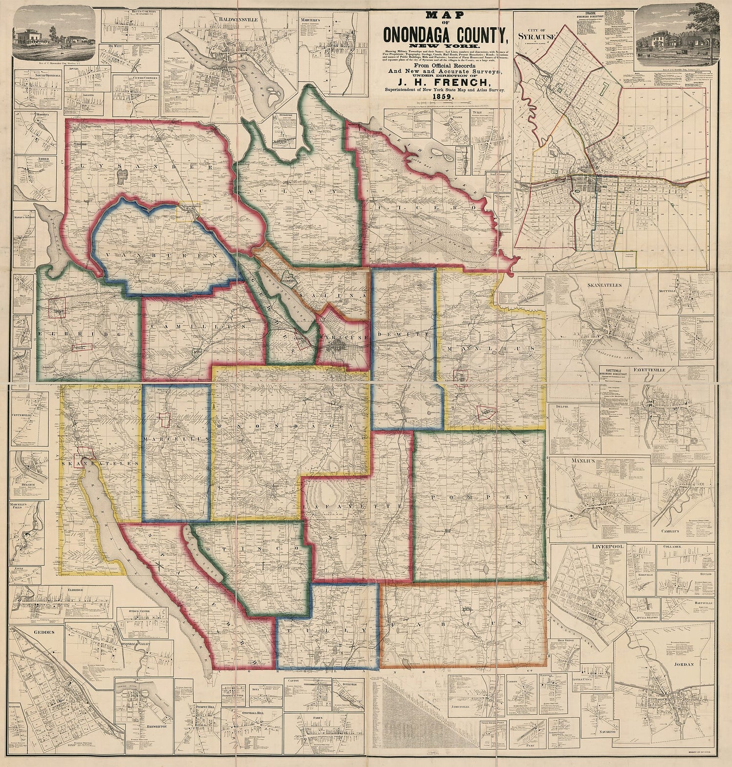 This old map of Map of Onondaga County, New York : Showing Military Townships and Their Names, Lot Lines, Numbers, and Dimensions, With Names of First Proprietors.. Location of Farm Houses and Names of Owners, and Separate Plans of the City of Syracuse a