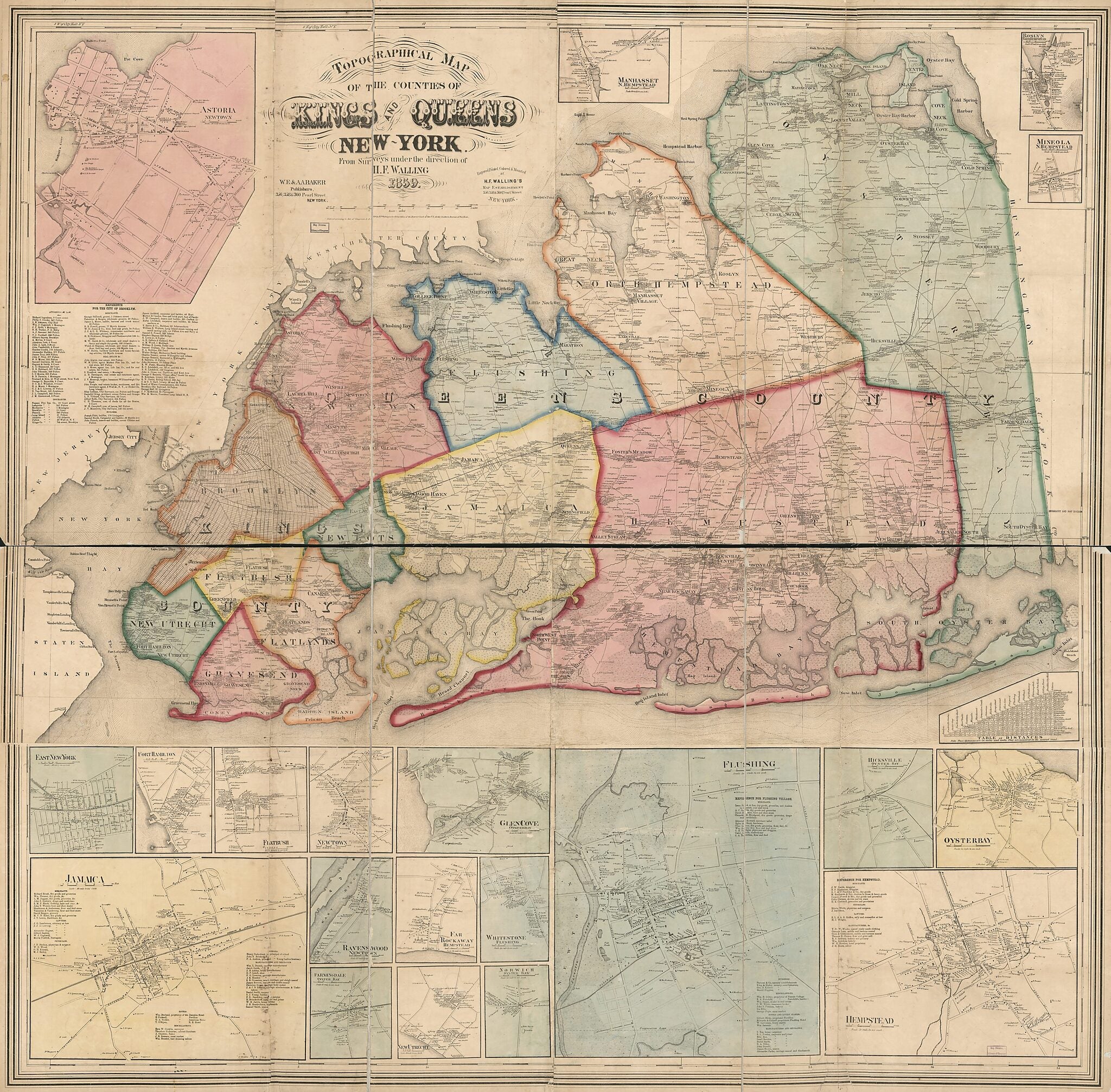 This old map of Topographical Map of the Counties of Kings and Queens, New York from 1859 was created by H.F. Walling&
