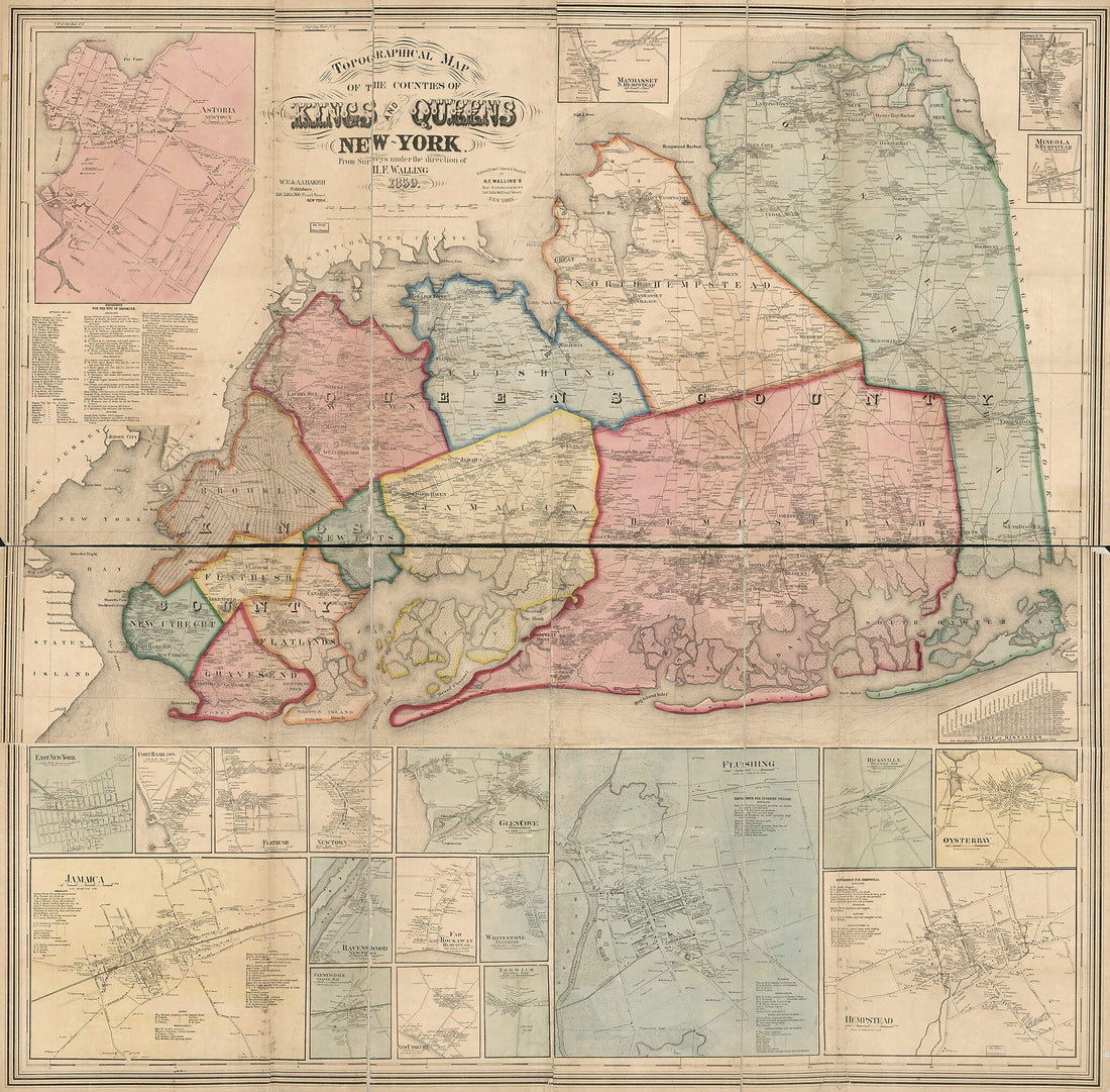 This old map of Topographical Map of the Counties of Kings and Queens, New York from 1859 was created by H.F. Walling&