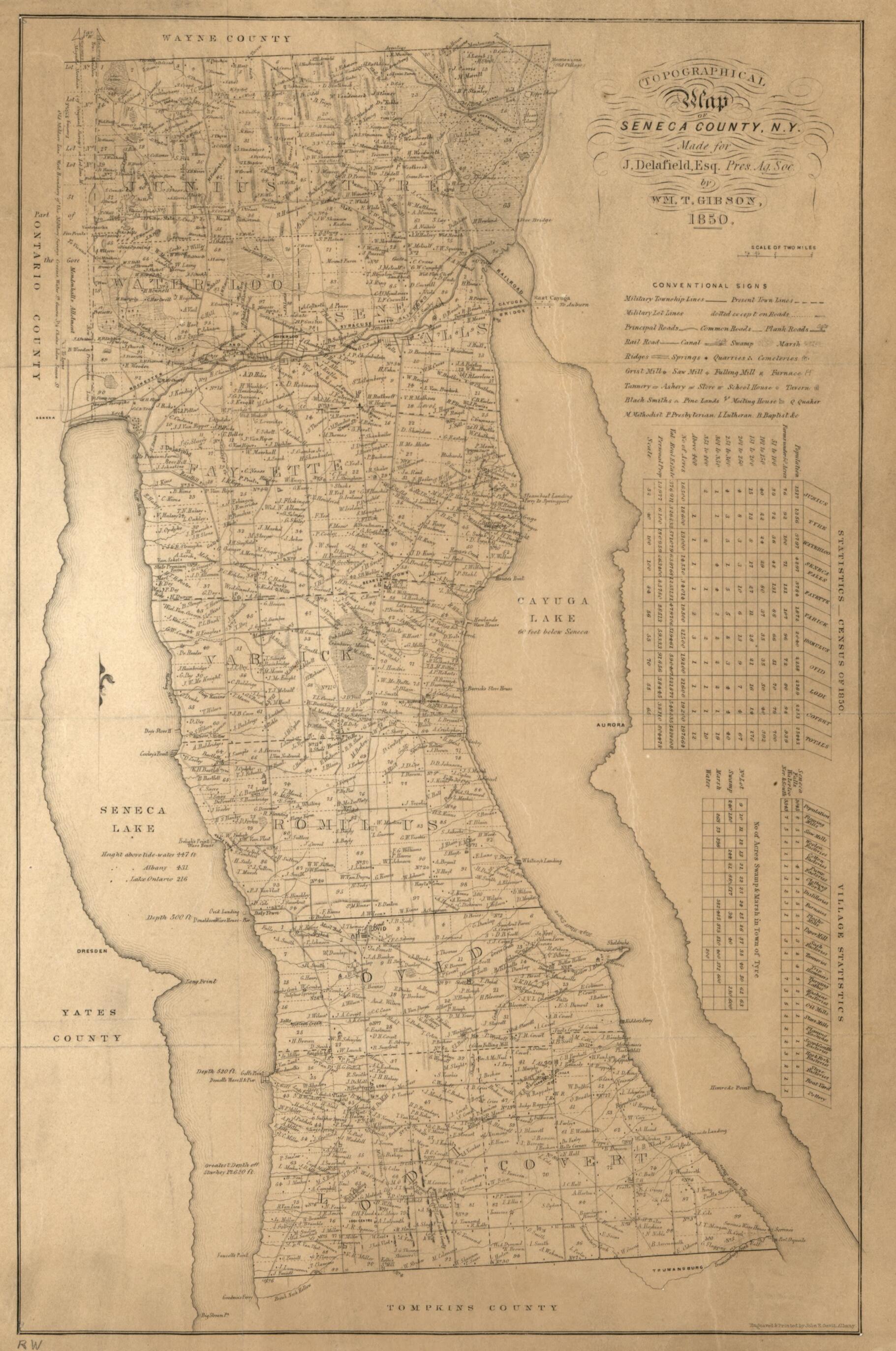 This old map of Topographical Map of Seneca County, New York from 1850 was created by John E. Gavit, Wm. T. (William T.) Gibson, Seneca County Agricultural Society (N.Y.) in 1850
