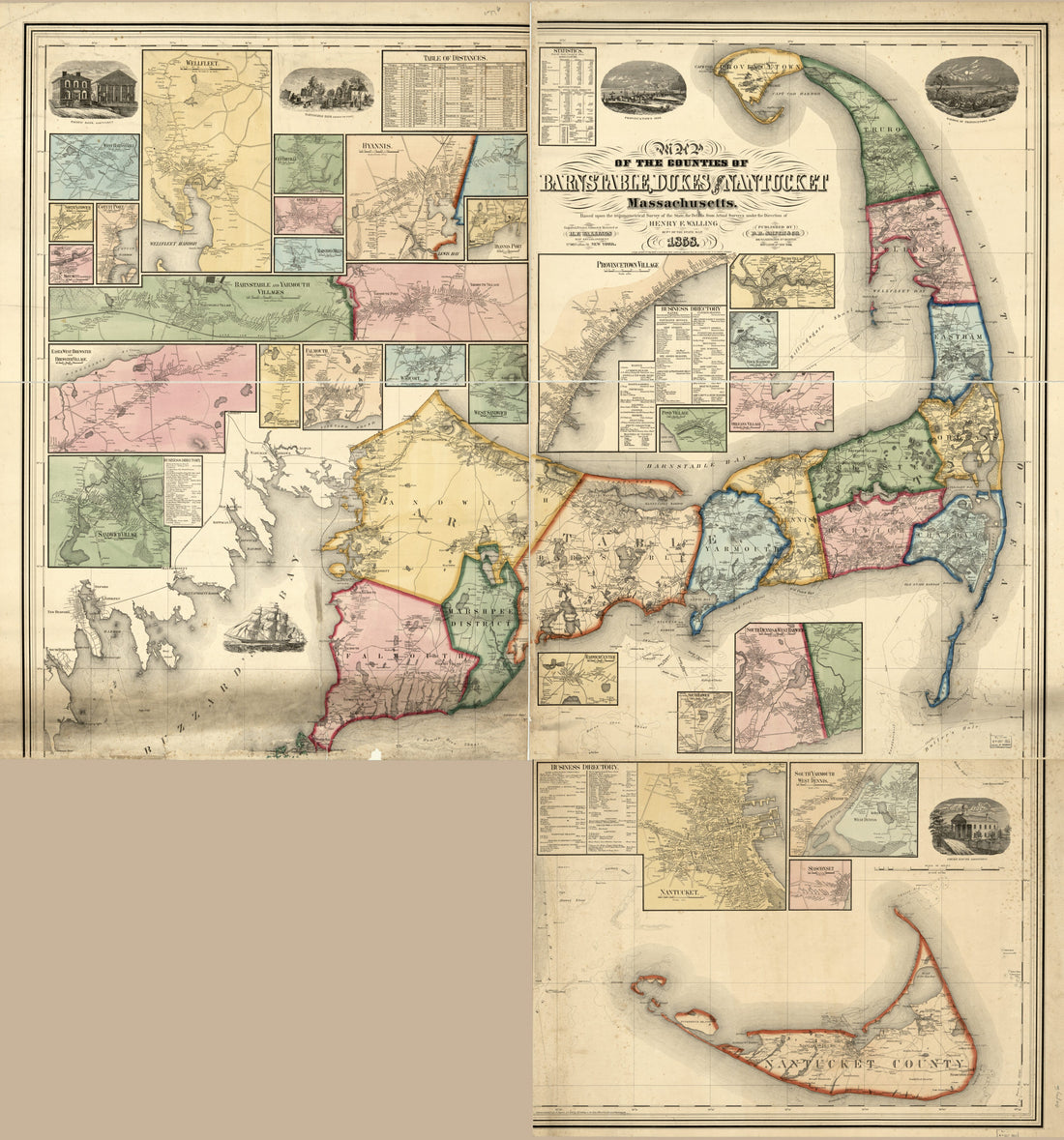 This old map of Map of the Counties of Barnstable, Dukes & Nantucket, Massachusetts from 1858 was created by H.F. Walling&