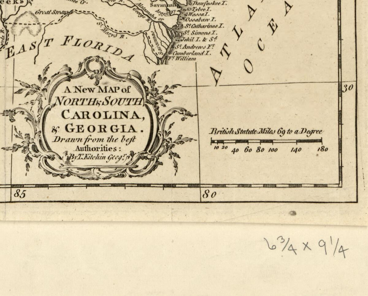 This old map of A New Map of North & South Carolina, & Georgia (A New Map of North and South Carolina, and Georgia, New Map of North and South Carolina, and Georgia) from 1765 was created by Thomas Kitchin in 1765