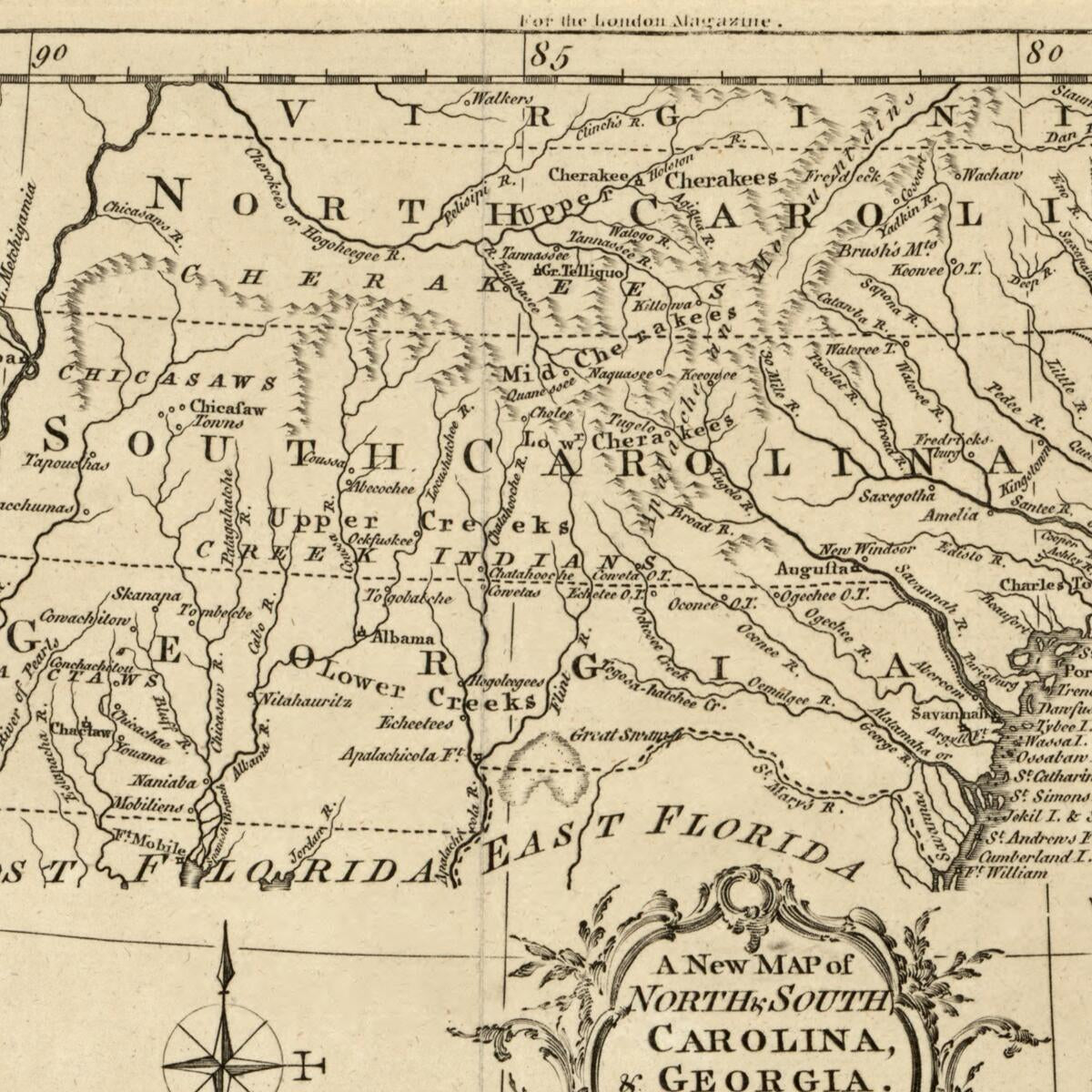 This old map of A New Map of North & South Carolina, & Georgia (A New Map of North and South Carolina, and Georgia, New Map of North and South Carolina, and Georgia) from 1765 was created by Thomas Kitchin in 1765