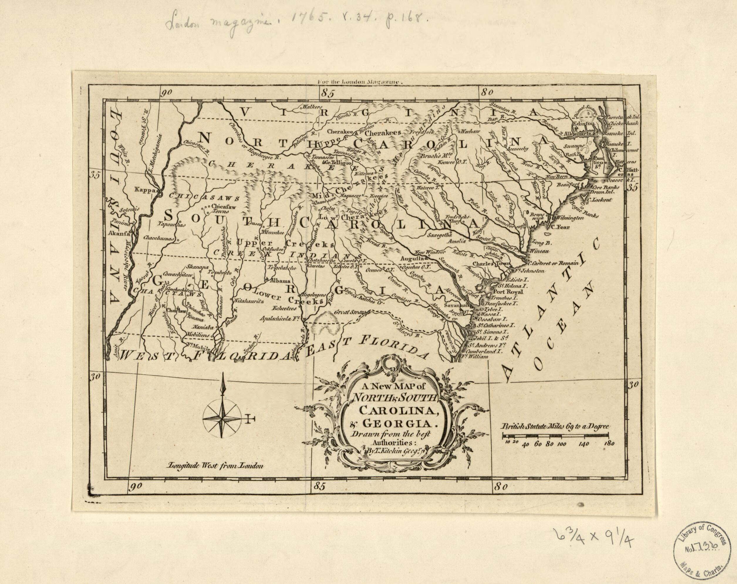 This old map of A New Map of North & South Carolina, & Georgia (A New Map of North and South Carolina, and Georgia, New Map of North and South Carolina, and Georgia) from 1765 was created by Thomas Kitchin in 1765