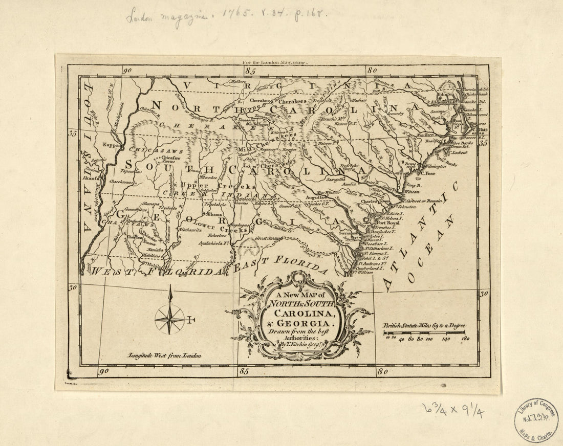 This old map of A New Map of North & South Carolina, & Georgia (A New Map of North and South Carolina, and Georgia, New Map of North and South Carolina, and Georgia) from 1765 was created by Thomas Kitchin in 1765