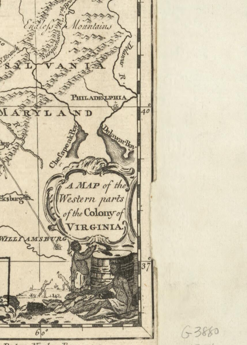 This old map of A Map of the Western Parts of the Colony of Virginia from 1754 was created by R. (Robert) Baldwin, J. (John) Gibson in 1754