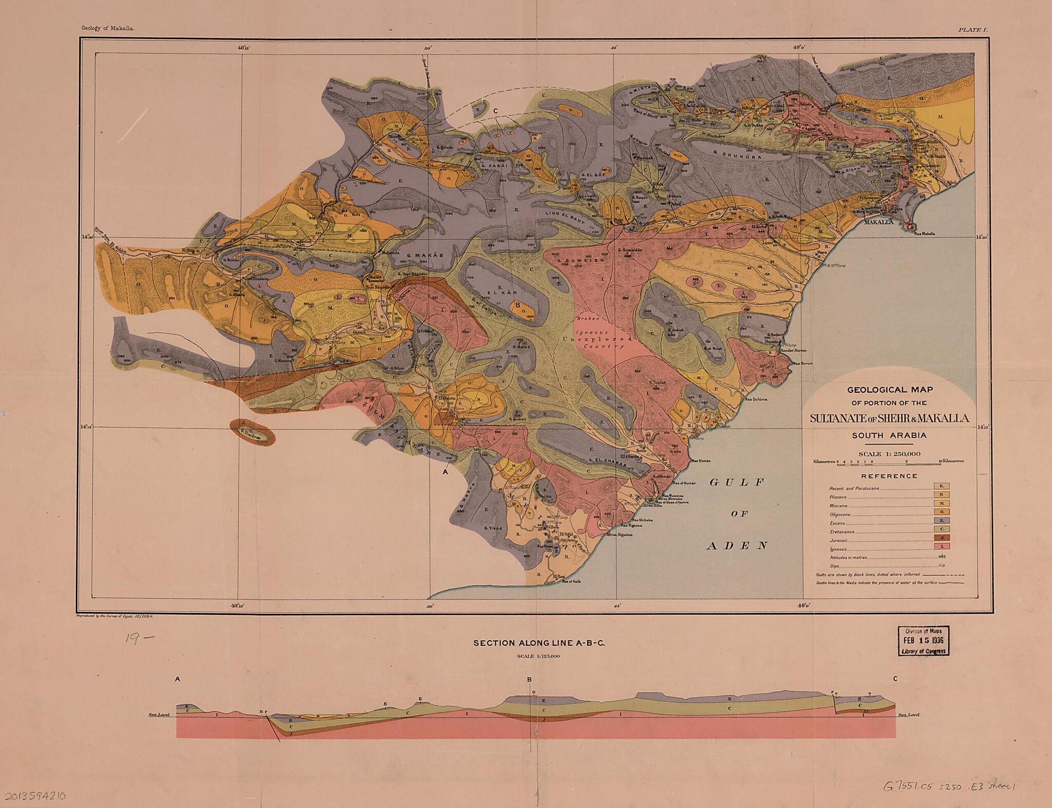 This old map of Geological Map of Portion of the Sultanate of Shehr & Makalla, South Arabia. (Geology of Makalla) from 1922 was created by Misāḥah, O. H. (Otway Henry) Little in 1922