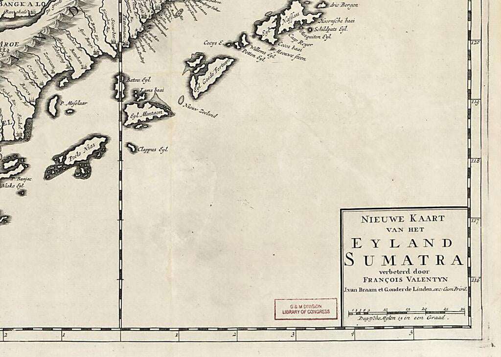 This old map of Nieuwe Kaart Van Het Eyland Sumatra from 1726 was created by J. Van Braam, G. Onder De Linden, François Valentijn in 1726