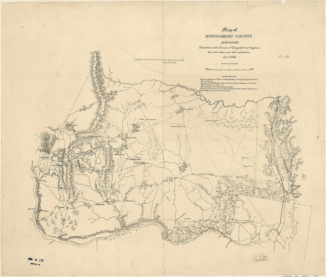 This old map of Map of Montgomery County, Maryland from 1862 was created by United States Coast Survey, United States. Bureau of Topographical Engineers in 1862