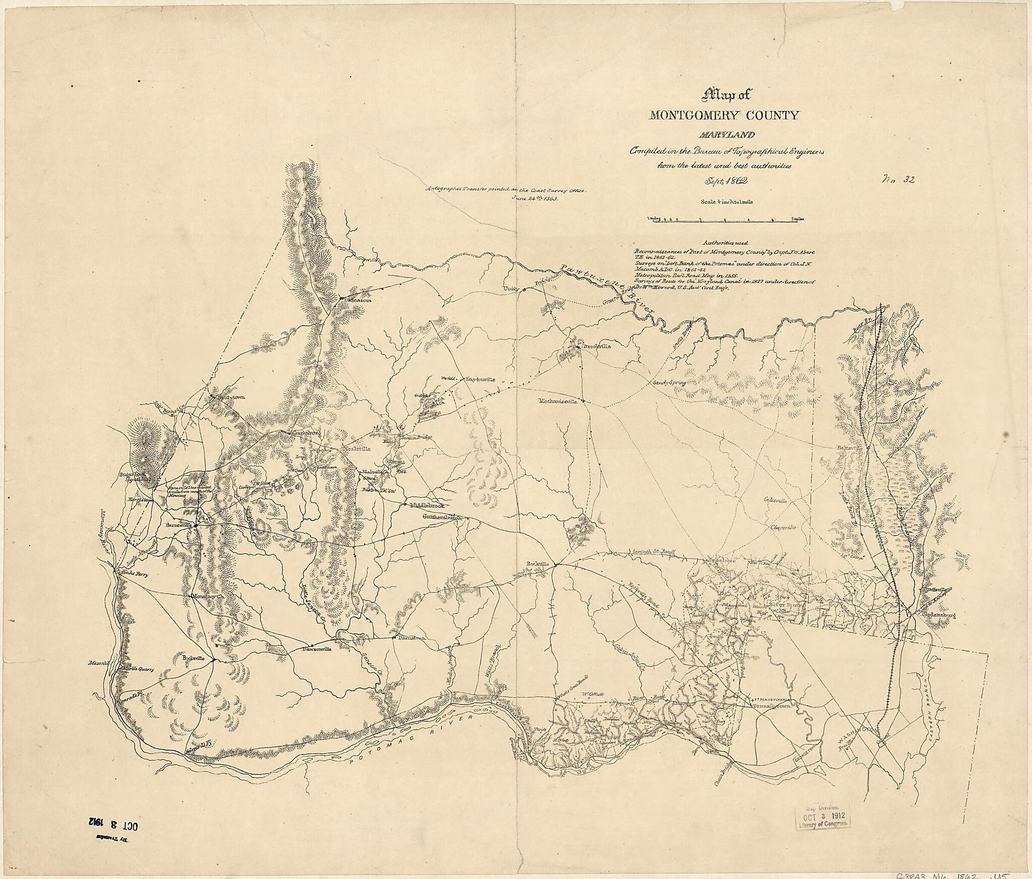 This old map of Map of Montgomery County, Maryland from 1862 was created by United States Coast Survey, United States. Bureau of Topographical Engineers in 1862