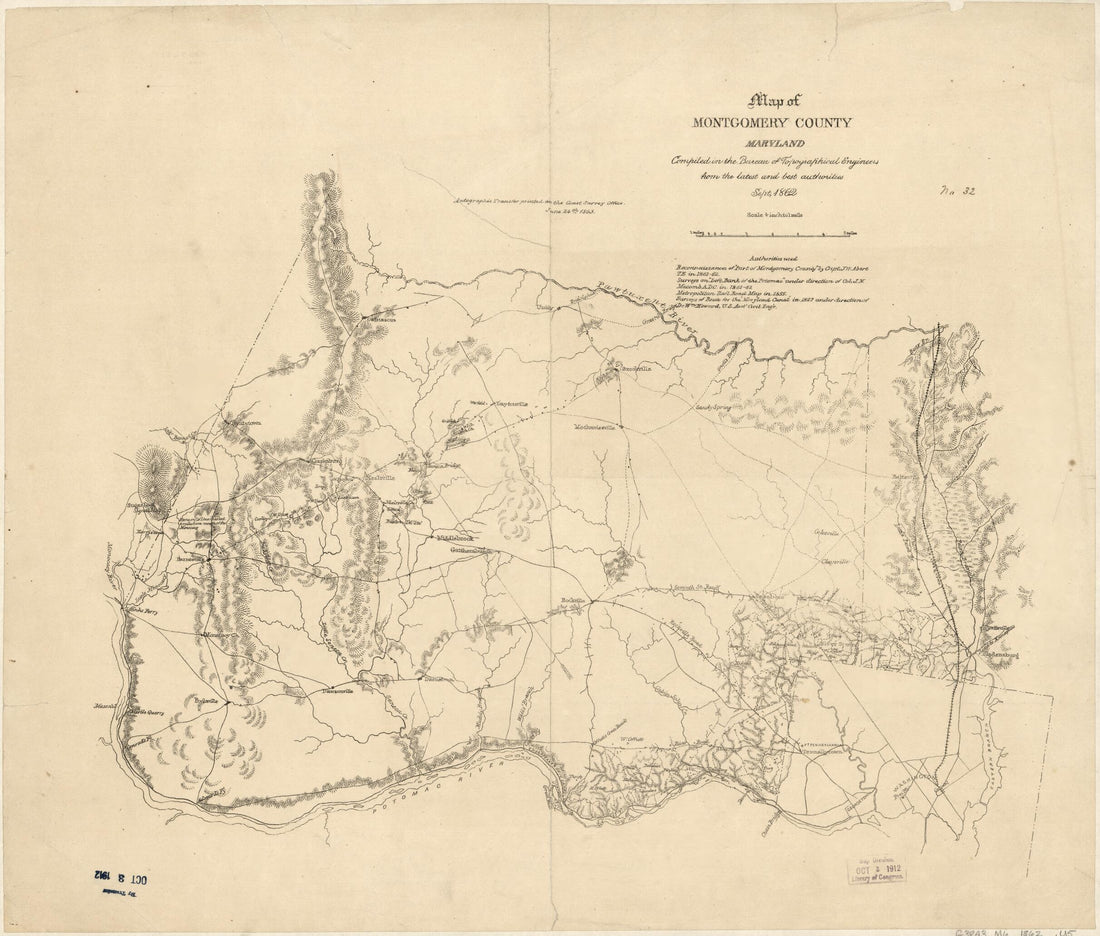 This old map of Map of Montgomery County, Maryland from 1862 was created by United States Coast Survey, United States. Bureau of Topographical Engineers in 1862