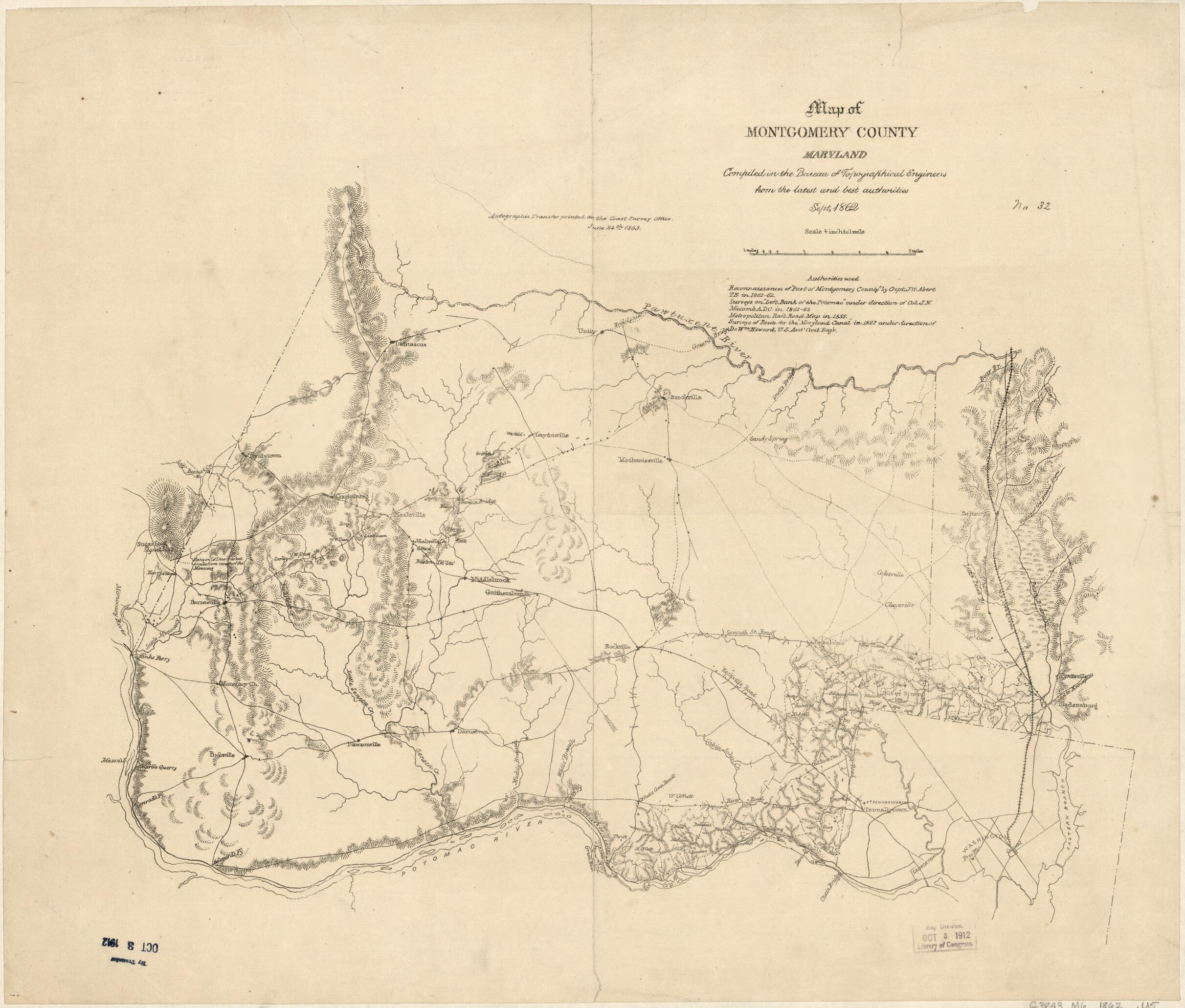 This old map of Map of Montgomery County, Maryland from 1862 was created by United States Coast Survey, United States. Bureau of Topographical Engineers in 1862