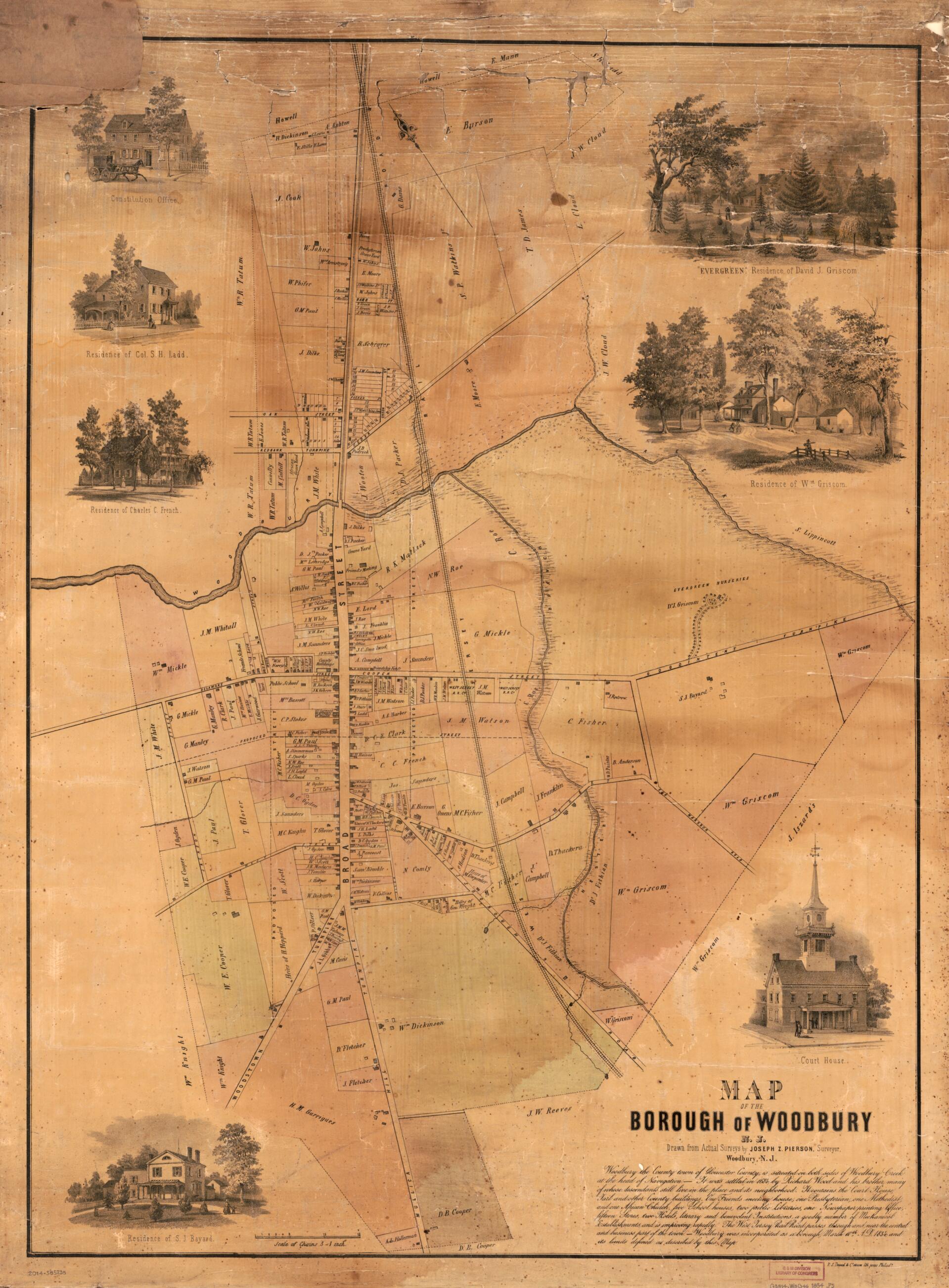 This old map of Map of the Borough of Woodbury, New Jersey from 1854 was created by P.S. Duval & Co, Joseph Z. Pierson, Woodbury (N.J.) in 1854