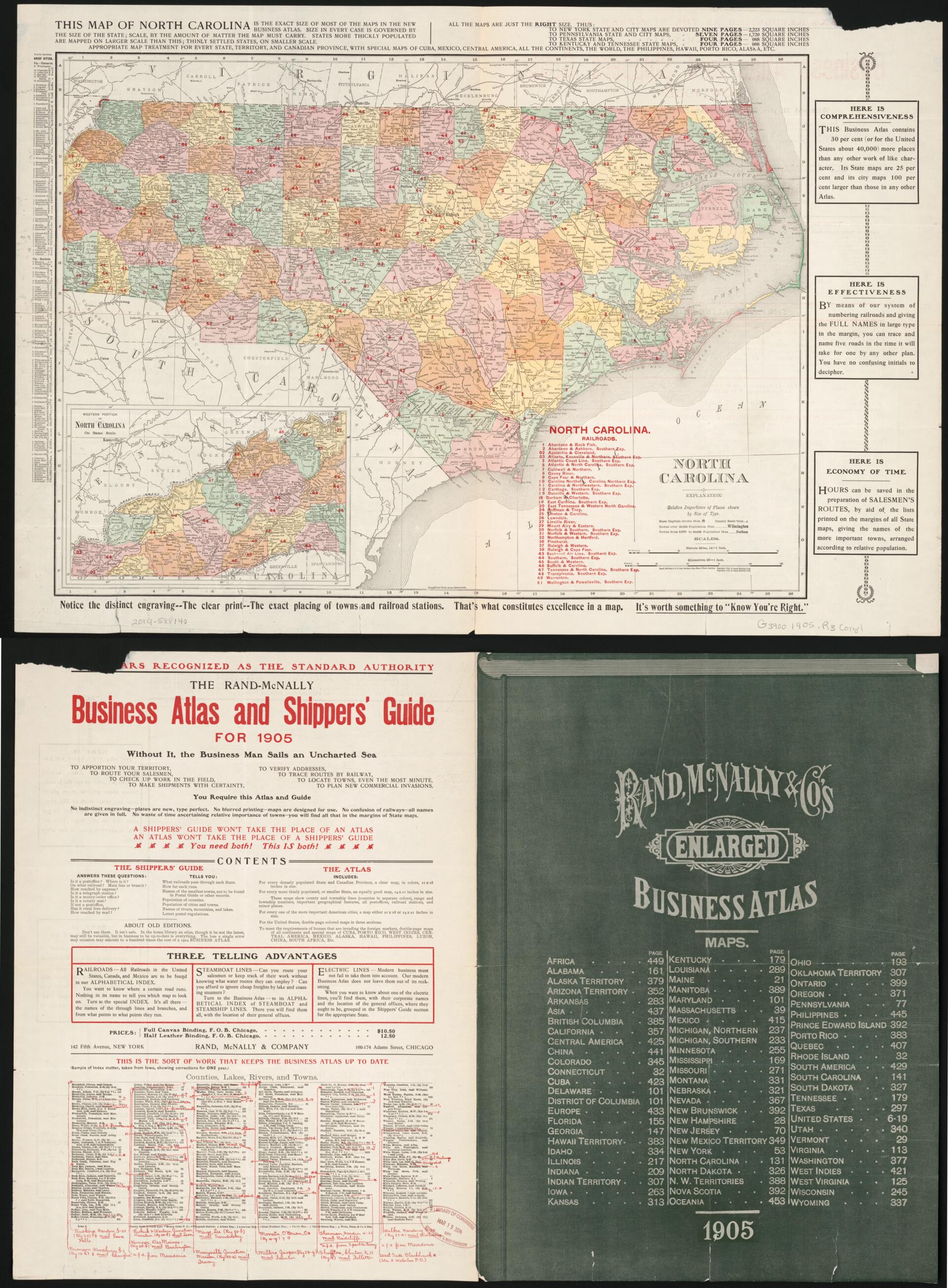 This old map of North Carolina from 1905 was created by Rand McNally and Company in 1905