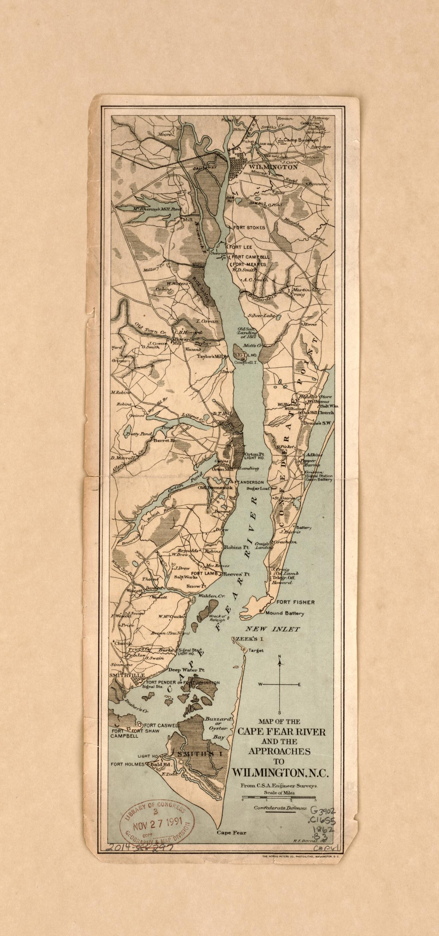 This old map of Map of the Cape Fear River and the Approaches to Wilmington, N.C. : from C.S.A. Engineer Surveys from 1862 was created by R. F. Barnes,  Norris Peters Co in 1862