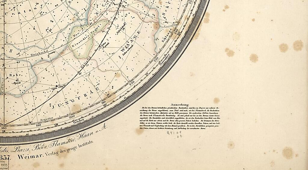 This old map of Der Gestirnte Himmel : Südliche Halbkugel (Südliche Halbkugel) from 1837 was created by Thuringia Geographisches Institut (Weimar, C. F. (Carl Ferdinand) Weiland in 1837