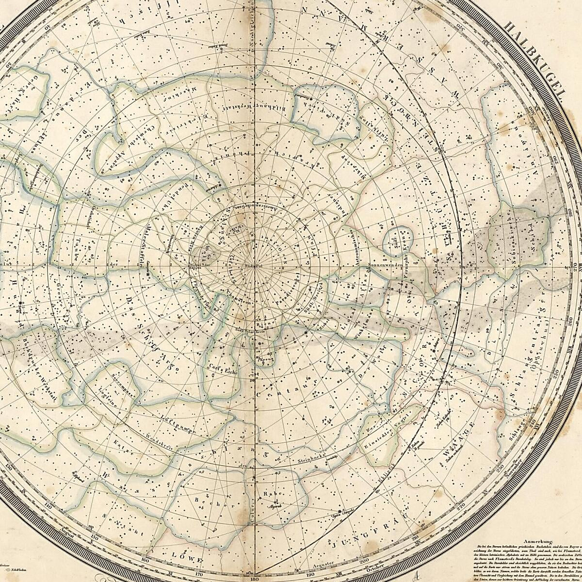 This old map of Der Gestirnte Himmel : Südliche Halbkugel (Südliche Halbkugel) from 1837 was created by Thuringia Geographisches Institut (Weimar, C. F. (Carl Ferdinand) Weiland in 1837