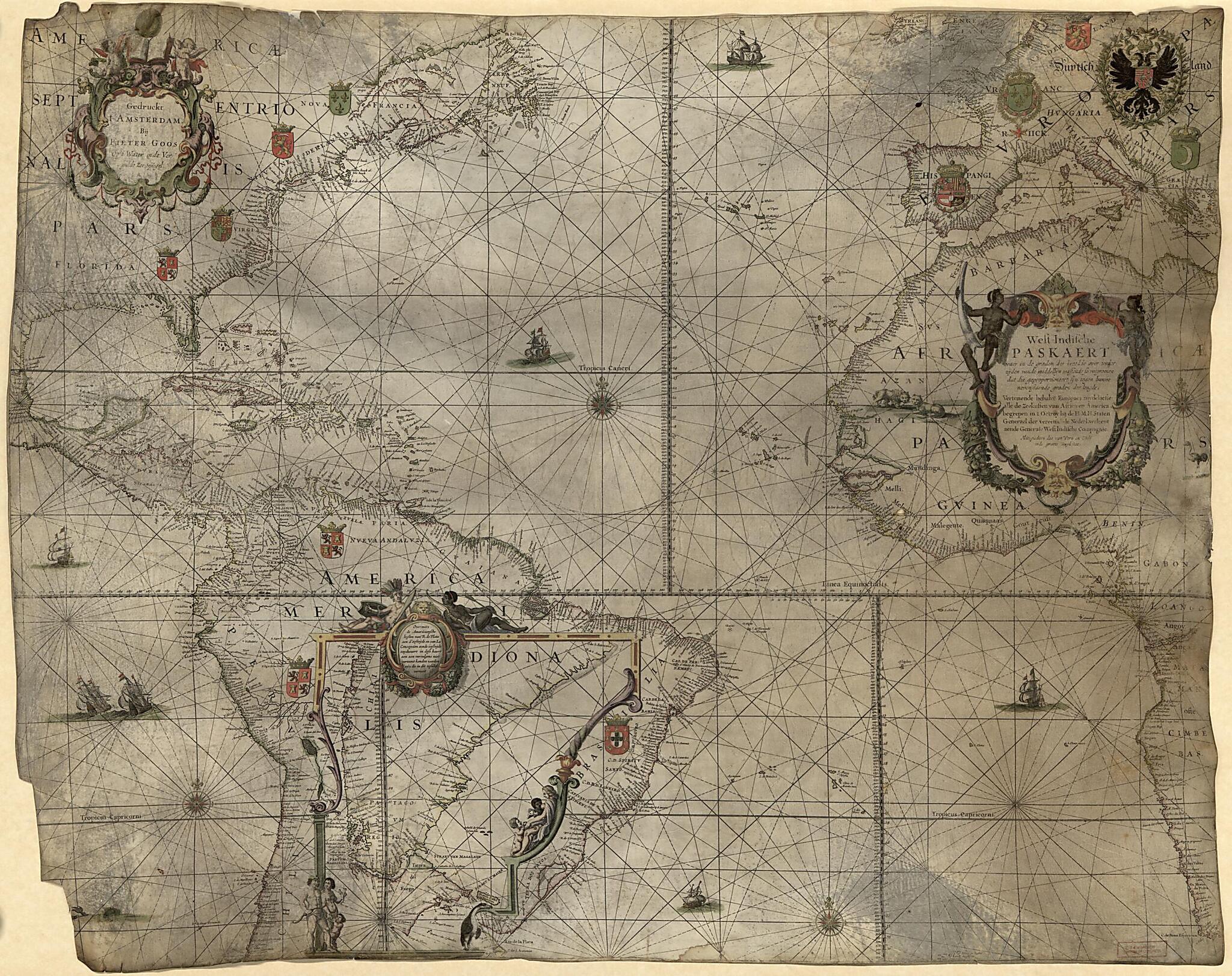 This old map of Indische Paskaert Waer In De Graden Der Breedde Over Weder Zijden Vande Middellijn Wassende So Vergrooten Dat Die Geproportioneert Sijn Tegen Hunne Nevenstaende Graden Der Lengde. Vertonende Behalve Europaes Zuydelijcste Alle De Seekusten