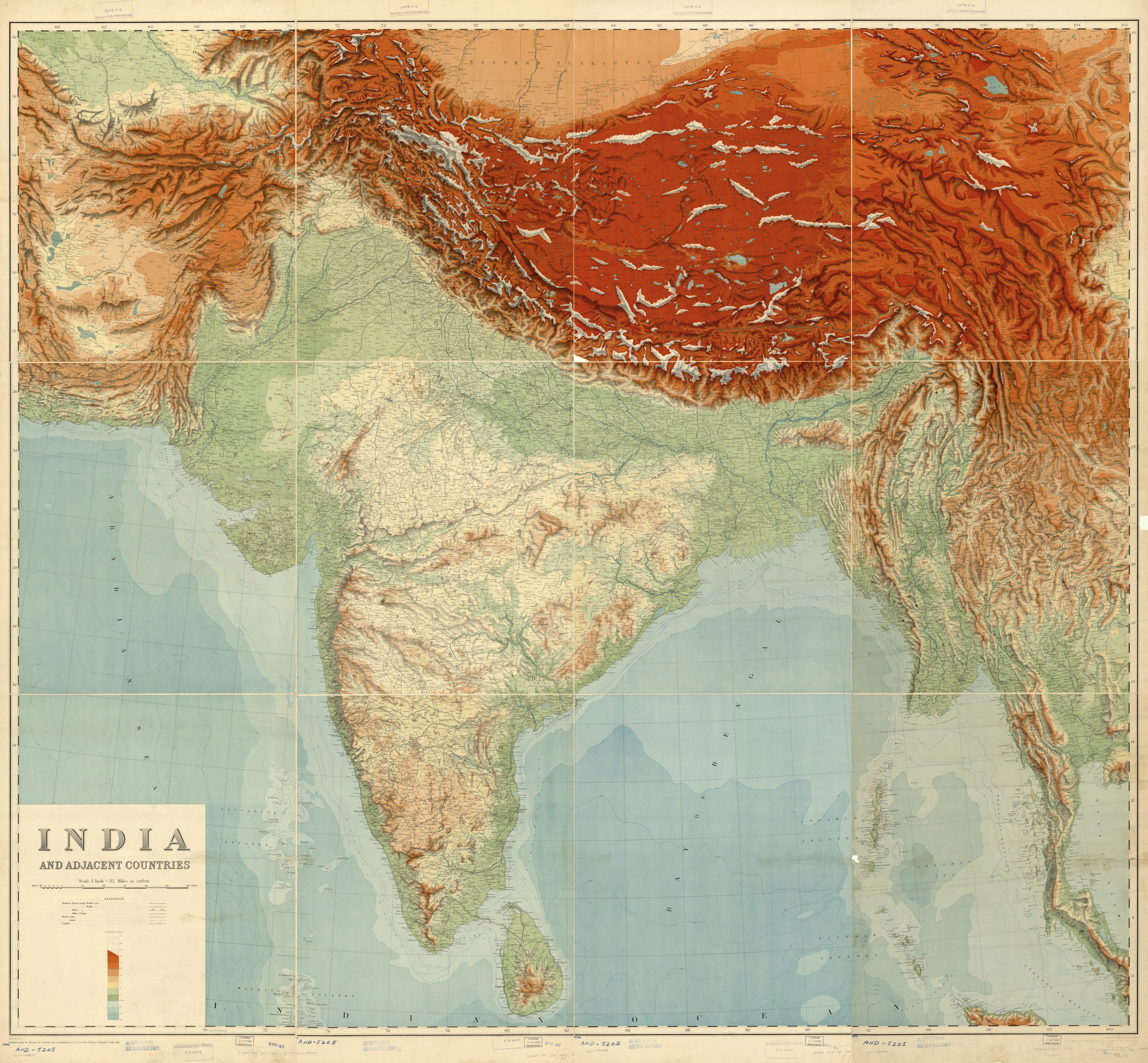 This old map of India and Adjacent Countries (India, 1 Inch = 32 Miles) from 1917 was created by Survey of India in 1917
