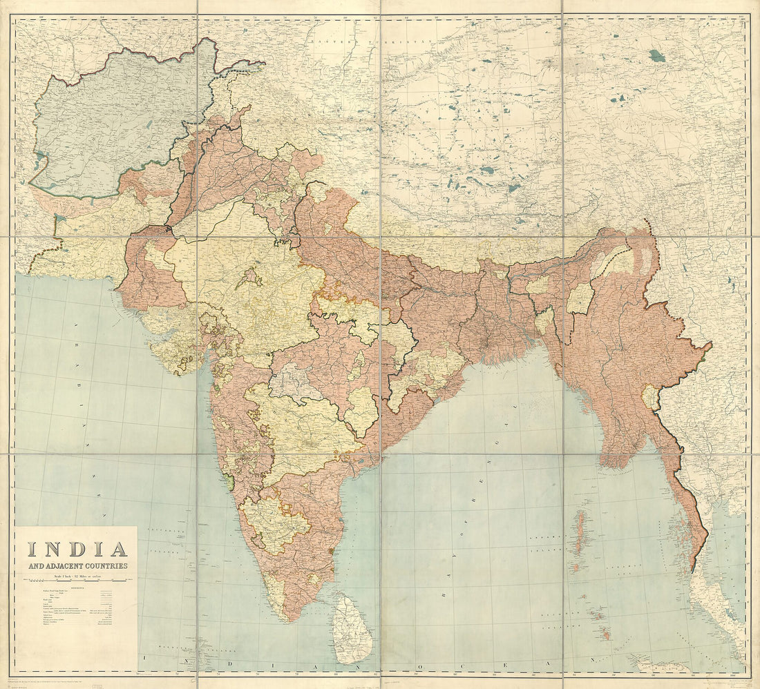This old map of India and Adjacent Countries (India, 1 Inch = 32 Miles) from 1915 was created by Survey of India in 1915