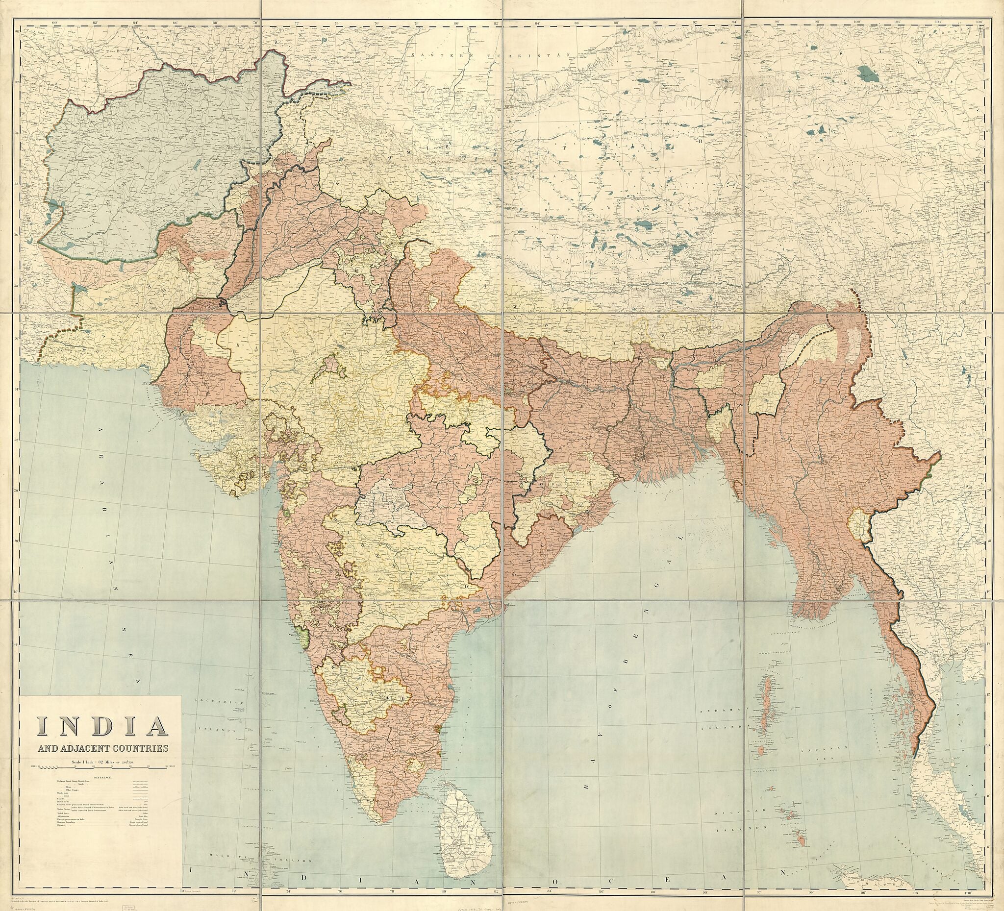 This old map of India and Adjacent Countries (India, 1 Inch = 32 Miles) from 1915 was created by Survey of India in 1915