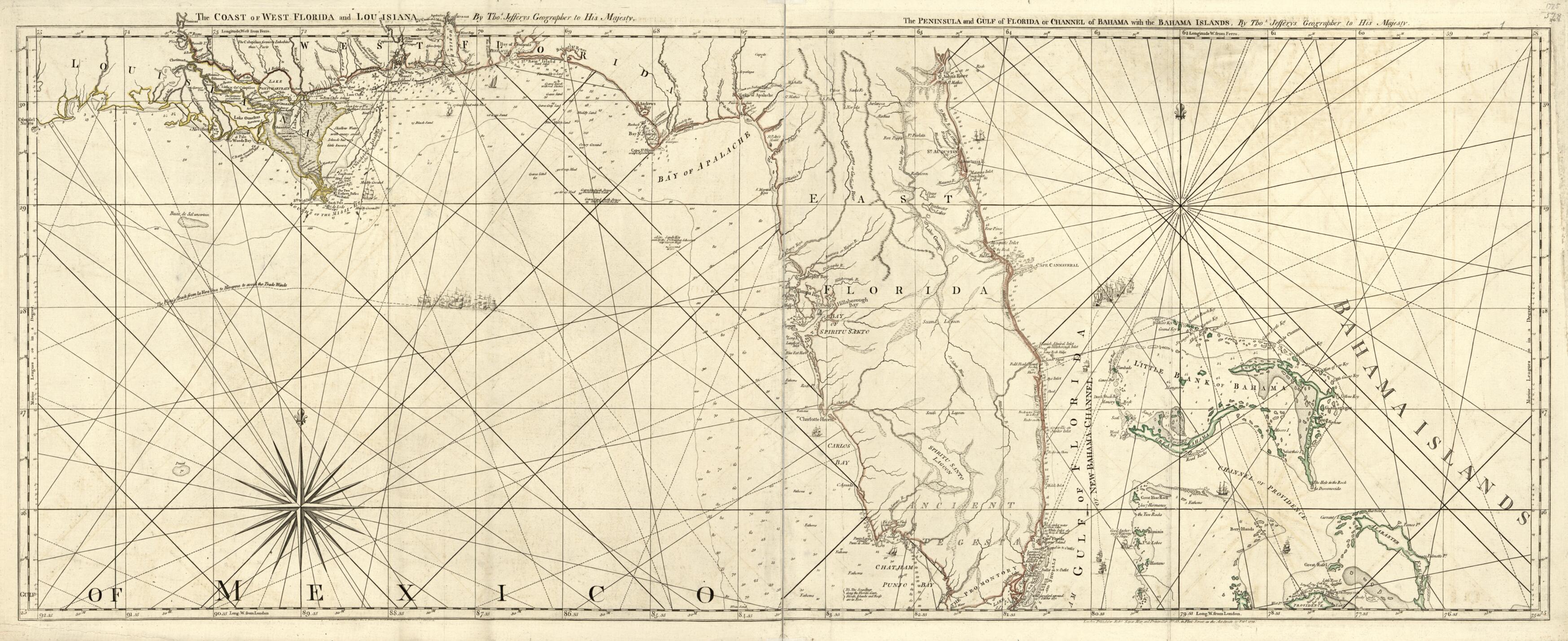 This old map of The Coast of West Florida and Louisiana : the Peninsula and Gulf of Florida Or Channel of Bahama With the Bahama Islands (Peninsula and Gulf of Florida Or Channel of Bahama With the Bahama Islands) from 1775 was created by Thomas Jefferys