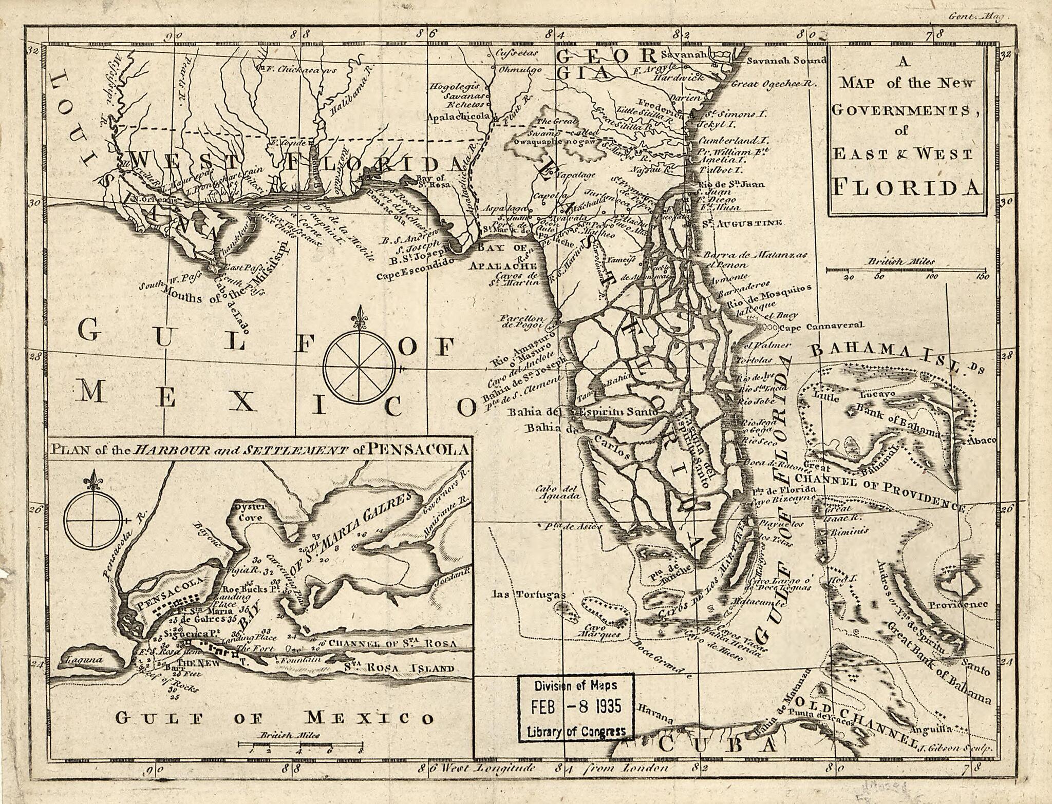 This old map of A Map of the New Governments of East & West Florida (Map of the New Governments of East and West Florida) from 1763 was created by J. (John) Gibson in 1763