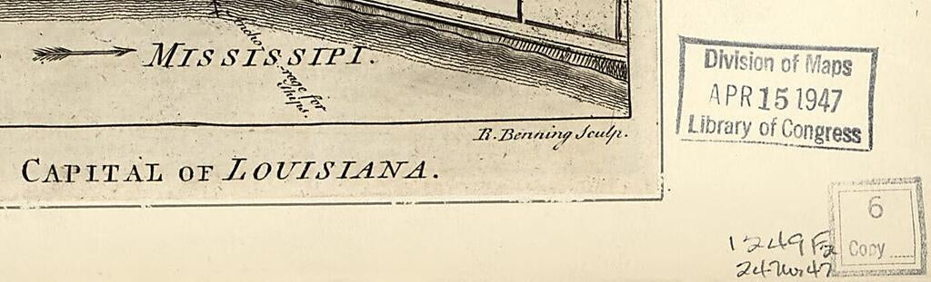 This old map of Plan of New Orleans the Capital of Louisiana from 1761 was created by R Benning in 1761
