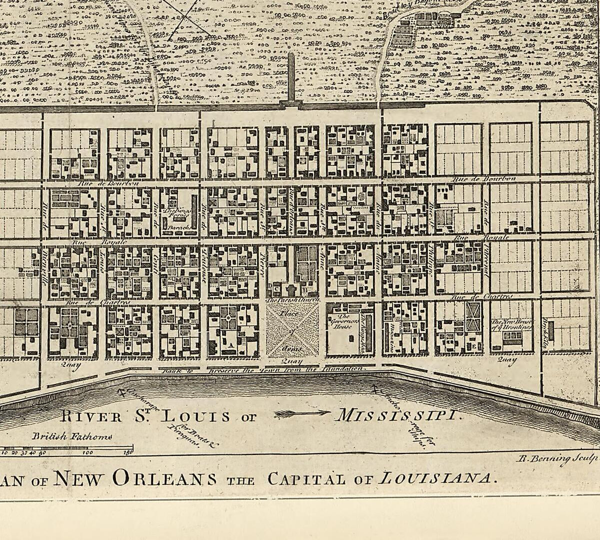 This old map of Plan of New Orleans the Capital of Louisiana from 1761 was created by R Benning in 1761