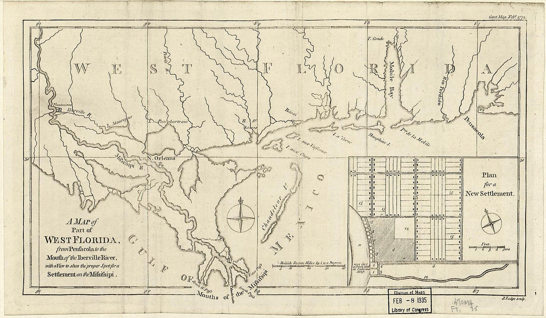 This old map of A Map of Part of West Florida : from Penfacola to the Mouth of the Iberville River, With a View to Shew the Proper Spot for a Settlement On the Mifsifsipi (Map of Part of West Florida : from Pensacola to the Mouth of the Iberville River,