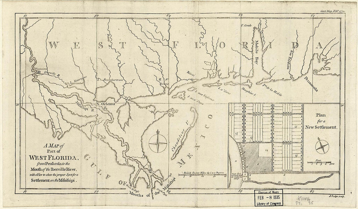 A Map of Part of West Florida : from Penfacola to the Mouth of the Iberville River, With a View to Shew the Proper Spot for a Settlement On the Mifsifsipi (Map of Part of West Florida : from Pensacola to the Mouth of the Iberville River, With a View t... by Relic Map Company
