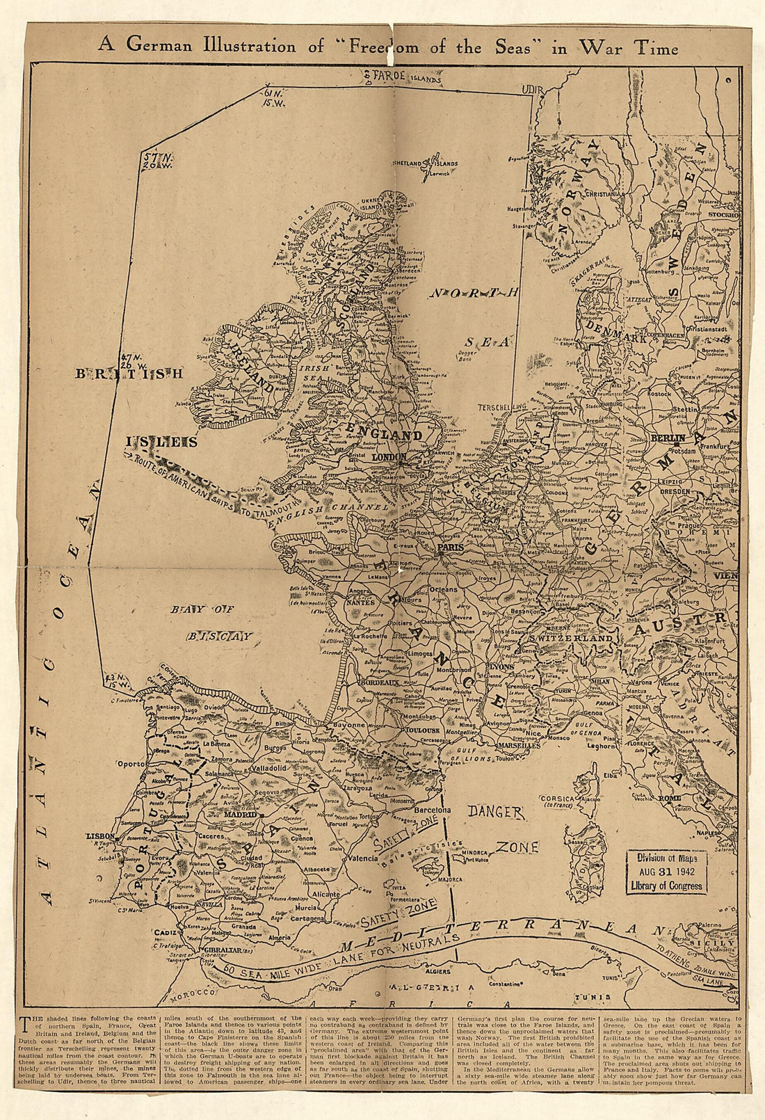 This old map of A German Illustration of freedom of the Seas In War Time : Western Europe and Western Mediterranean Sea from 1915 was created by in 1915