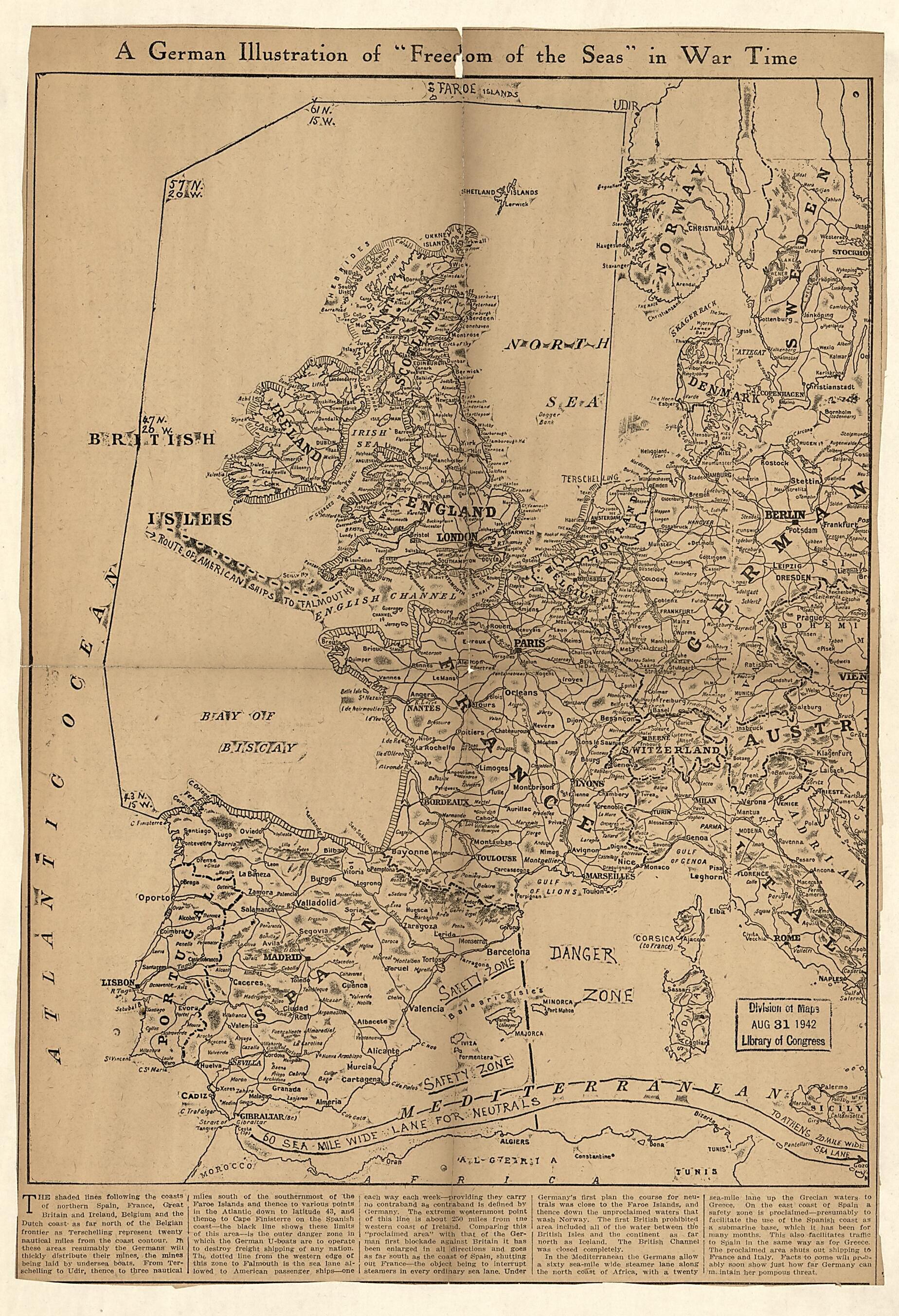 This old map of A German Illustration of freedom of the Seas In War Time : Western Europe and Western Mediterranean Sea from 1915 was created by in 1915
