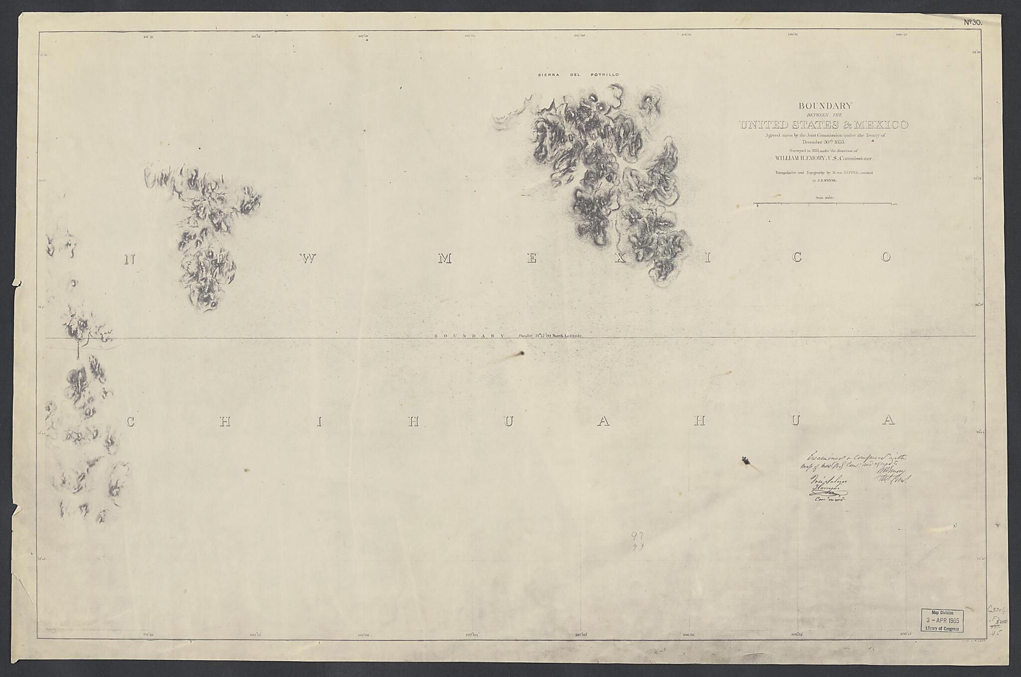 This old map of Boundary Between the United States & Mexico : Agreed Upon by the Joint Commission Under the Treaty of December 30th 1853 (Boundary Between the United States and Mexico) from 1852 was created by William H. (William Hemsley) Emory, United
