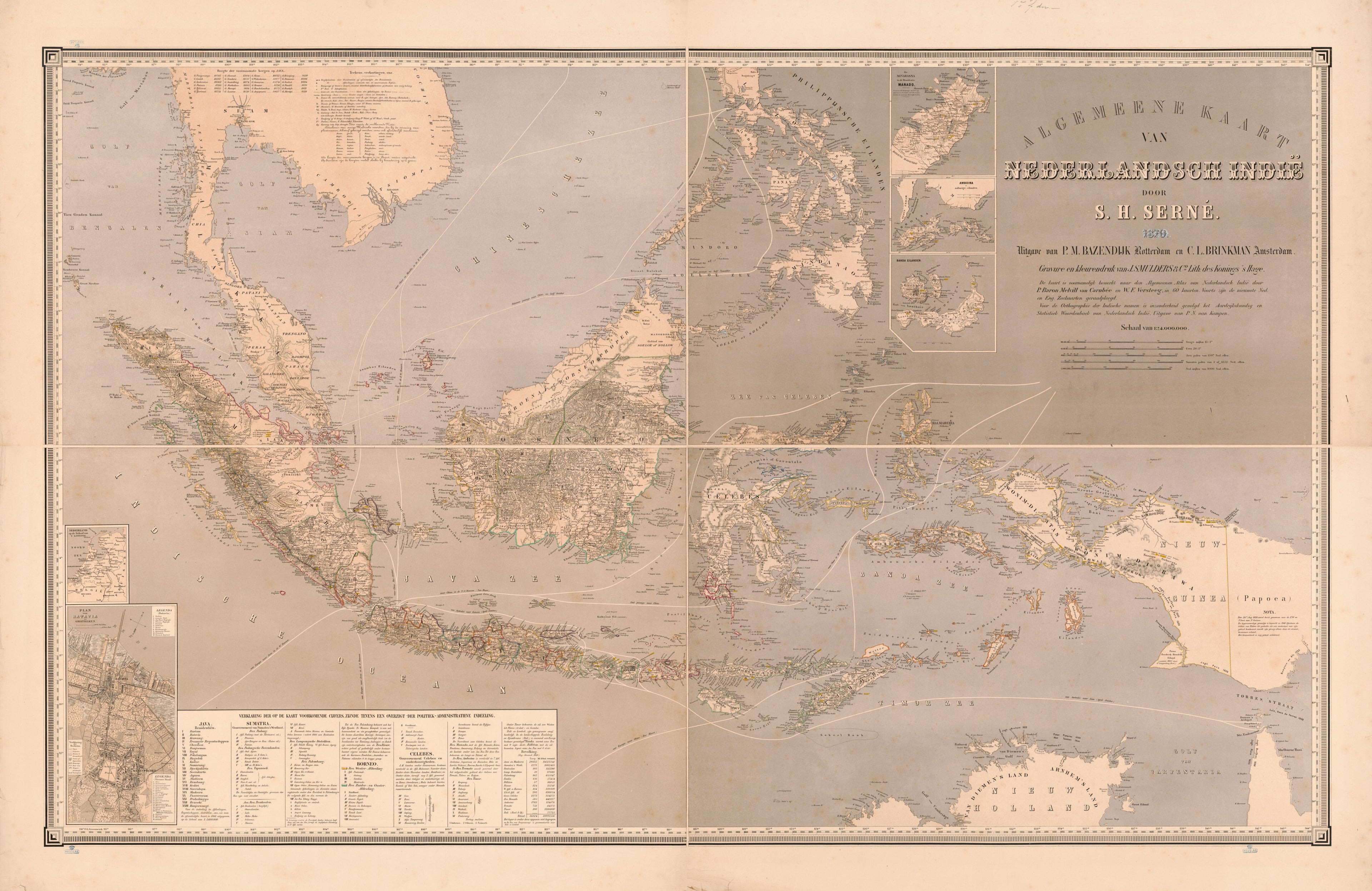 This old map of Algemeene Kaart Van Nederlandsch Indië from 1869 was created by S. H. Serné, W. F. Versteeg in 1869