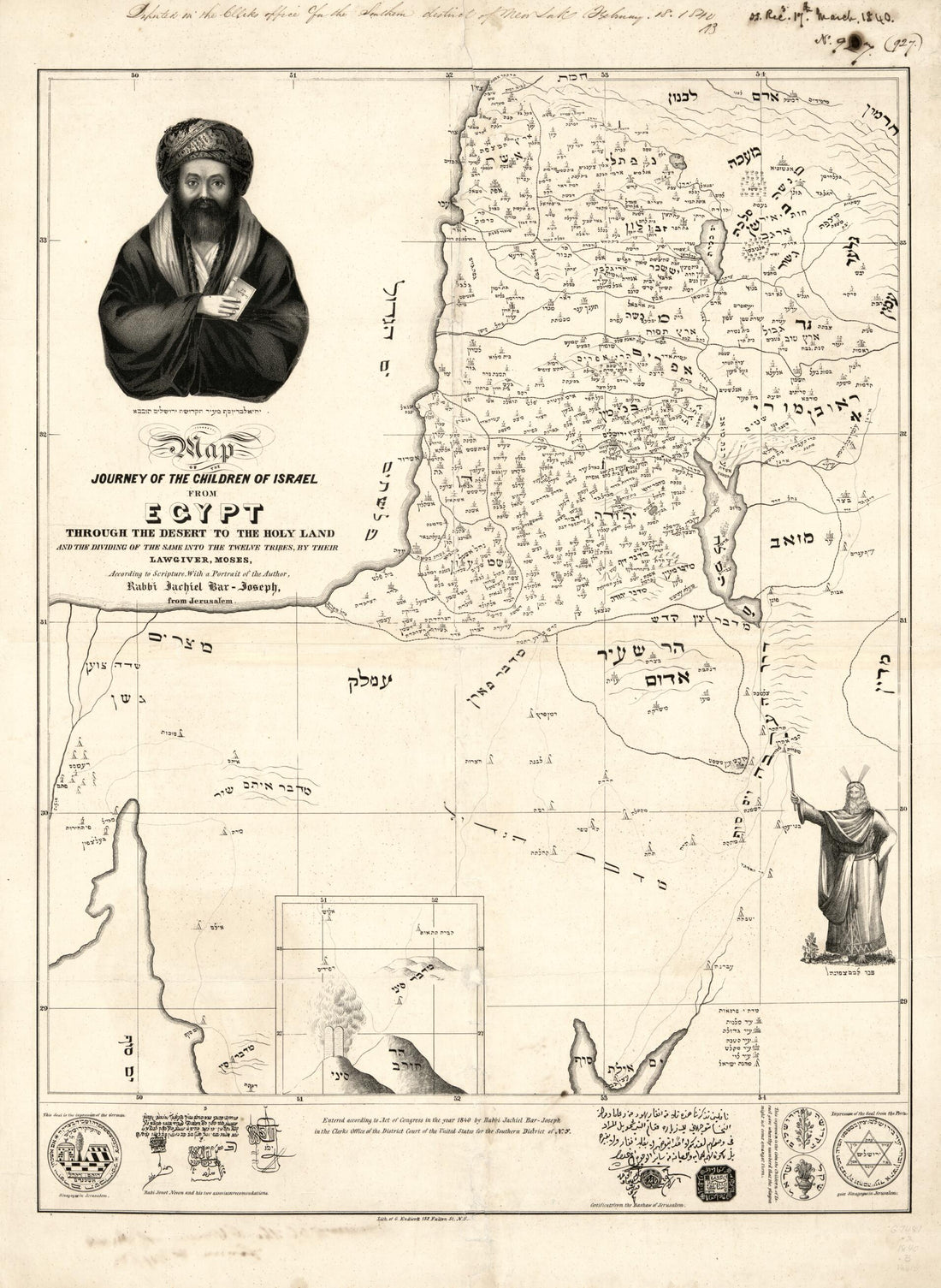 This old map of Map of the Journey of the Children of Israel from Egypt Through the Desert to the Holy Land and the Dividing of the Same Into the Twelve Tribes, by Their Lawgiver, Moses, According to Scripture, With a Portrait of the Author (Journey of t