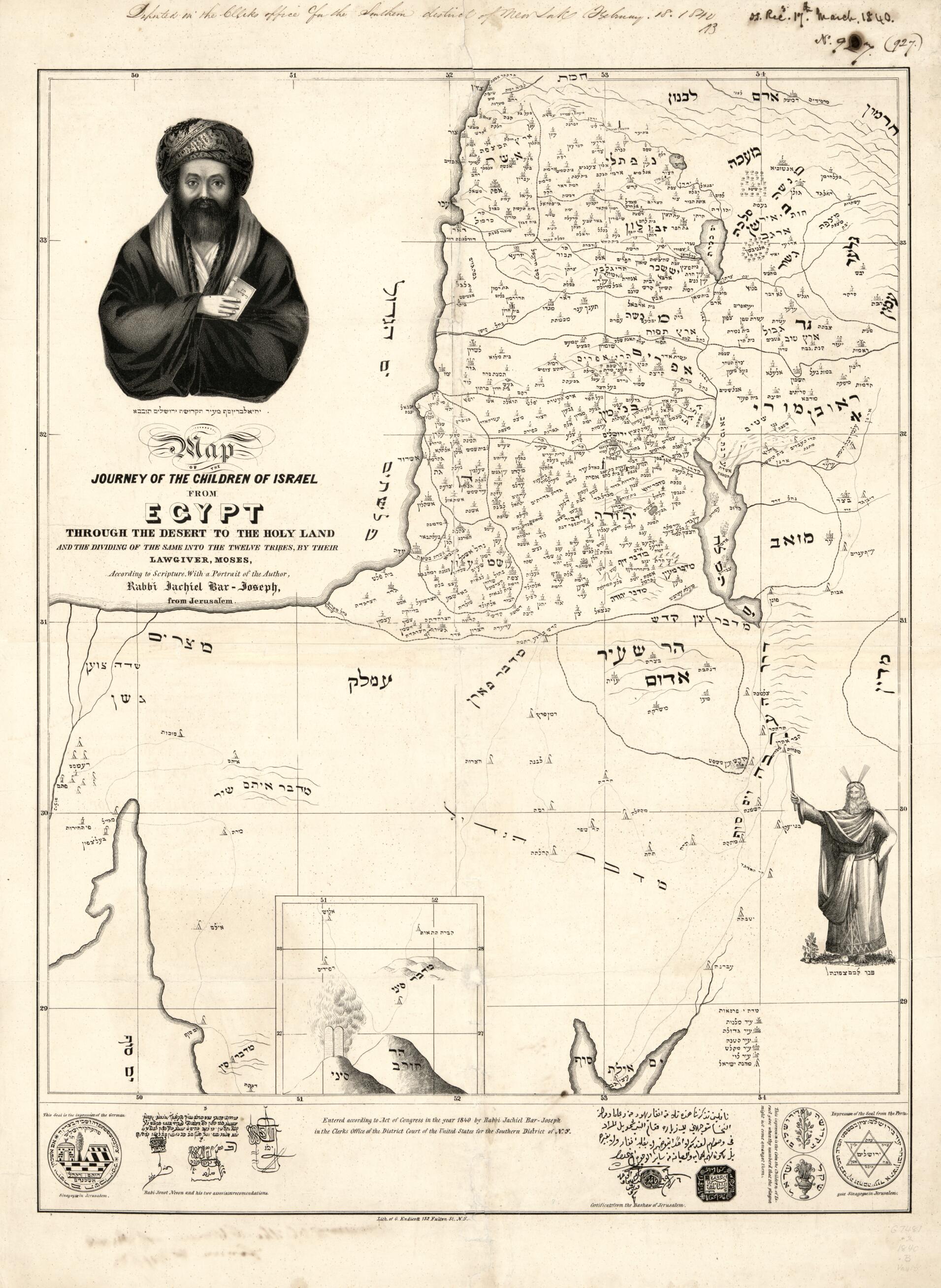 This old map of Map of the Journey of the Children of Israel from Egypt Through the Desert to the Holy Land and the Dividing of the Same Into the Twelve Tribes, by Their Lawgiver, Moses, According to Scripture, With a Portrait of the Author (Journey of t