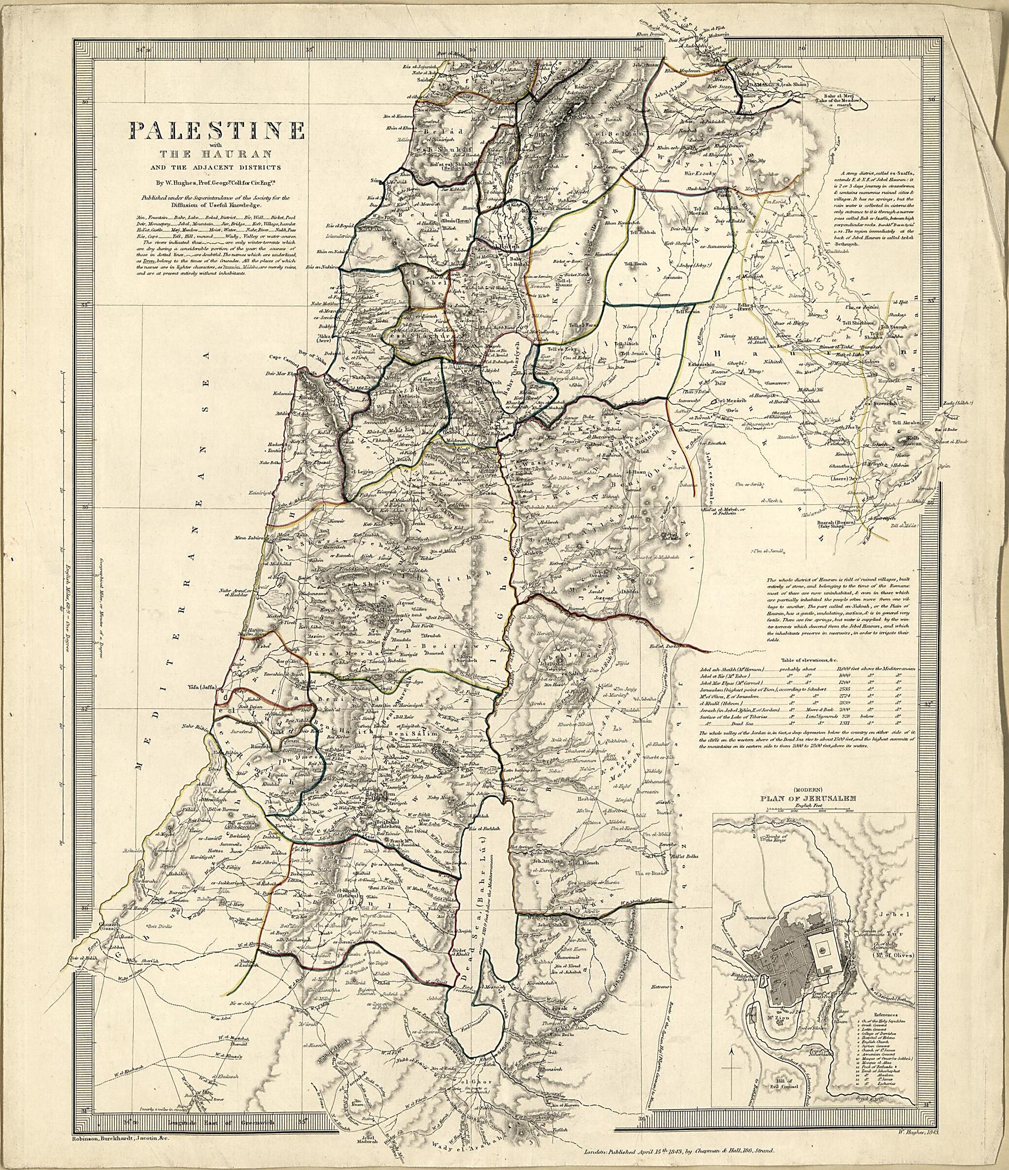 This old map of Palestine, With the Hauran, and the Adjacent Districts from 1843 was created by John Lewis Burckhardt, Charles Knight & Co, William Hughes, Pierre Jacotin, Edward Robinson, Society for the Diffusion of Useful Knowledge (Great Britain) i