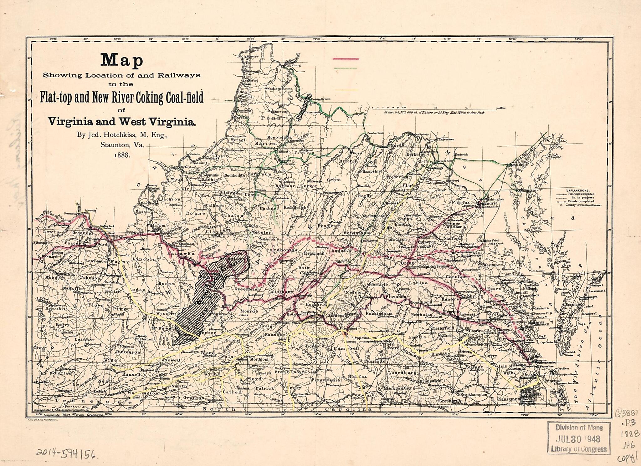 This old map of Top and New River Coking Coalfield of Virginia and West Virginia (top and New River Coking Coal-field of Virginia and Wast Virginia) from 1888 was created by A. Hoen & Co, Jedediah Hotchkiss in 1888