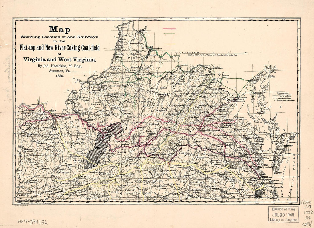 This old map of Top and New River Coking Coalfield of Virginia and West Virginia (top and New River Coking Coal-field of Virginia and Wast Virginia) from 1888 was created by A. Hoen & Co, Jedediah Hotchkiss in 1888