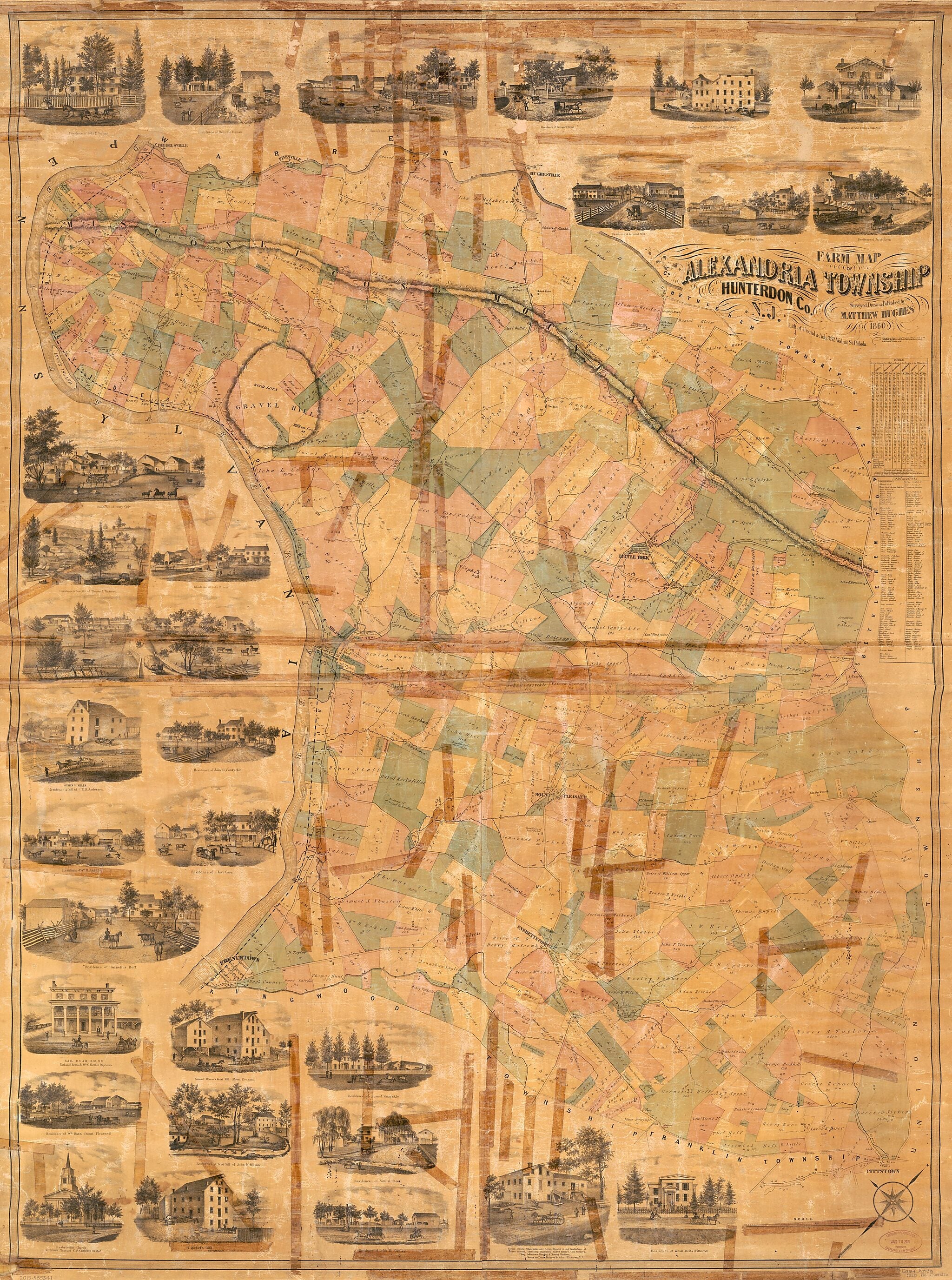 This old map of Farm Map of Alexandria Township, Hunterdon County, New Jersey from 1860 was created by  Friend & Aub, Matthew Hughes in 1860