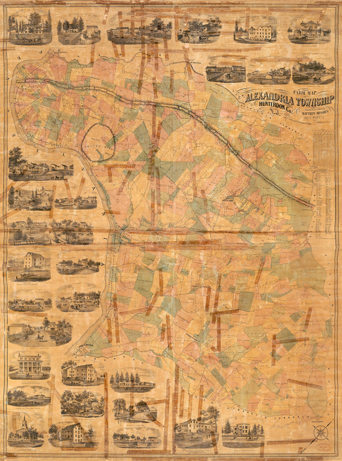 This old map of Farm Map of Alexandria Township, Hunterdon County, New Jersey from 1860 was created by Friend & Aub, Matthew Hughes in 1860