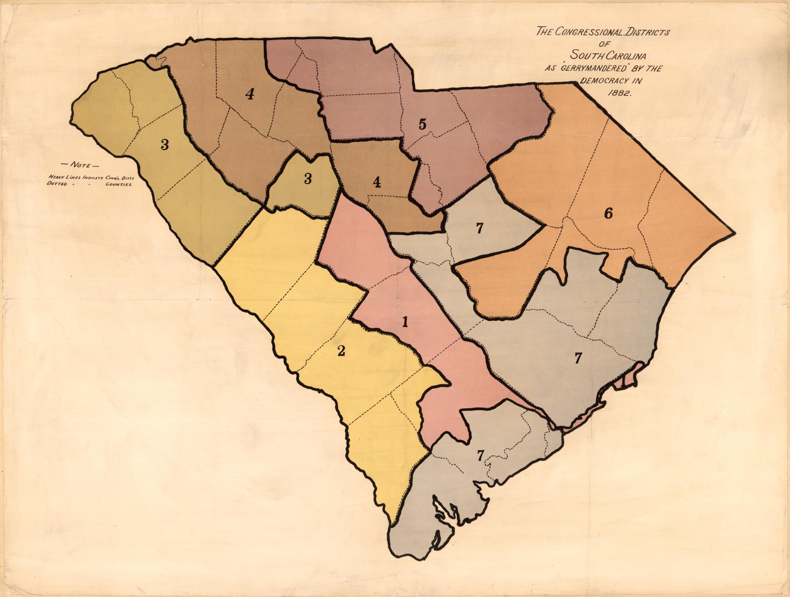 This old map of The Congressional Districts of South Carolina As Gerrymandered by the Democracy In from 1882 was created by in 1882