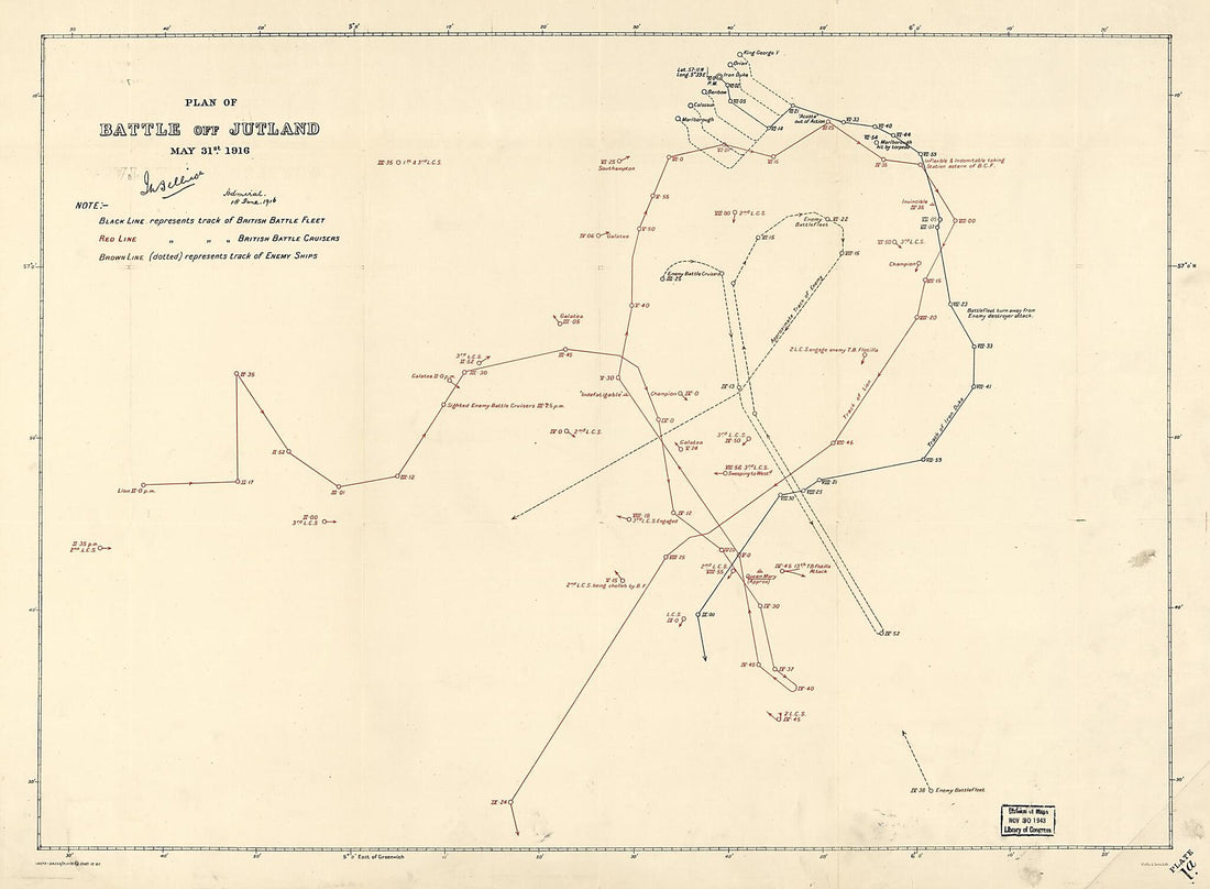 This old map of Plans of the Battle of Jutland, May 31st from 1916 was created by Great Britain. Admiralty, John Rushworth Jellicoe, Malby & Sons in 1916
